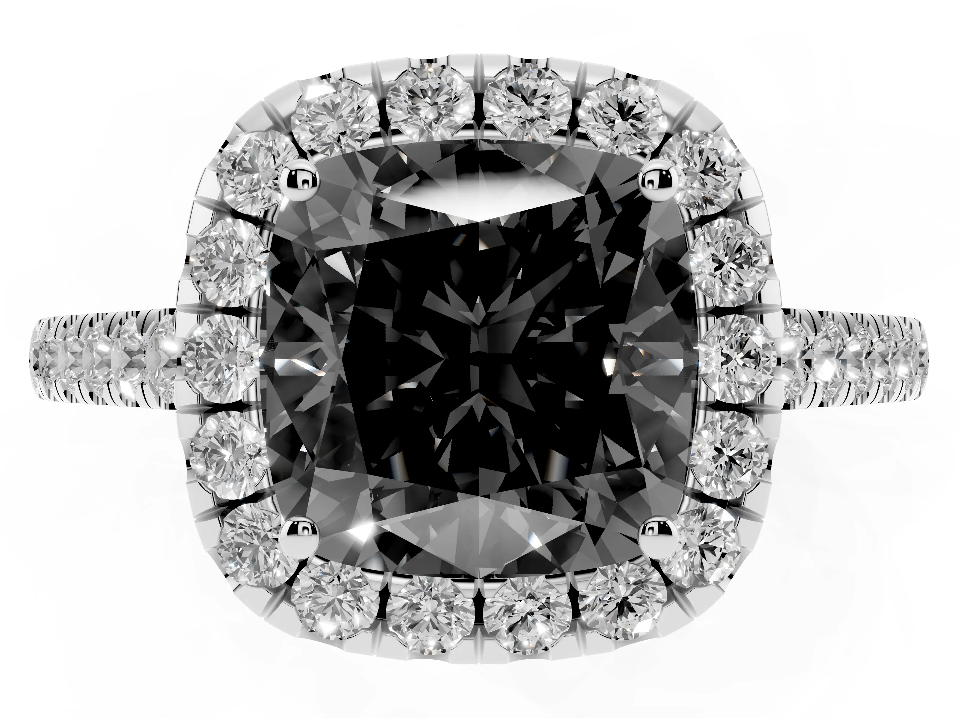 Fancy Black Cushion Cut Diamond Halo Pavé Engagement Ring Set in White gold with Prong Setting