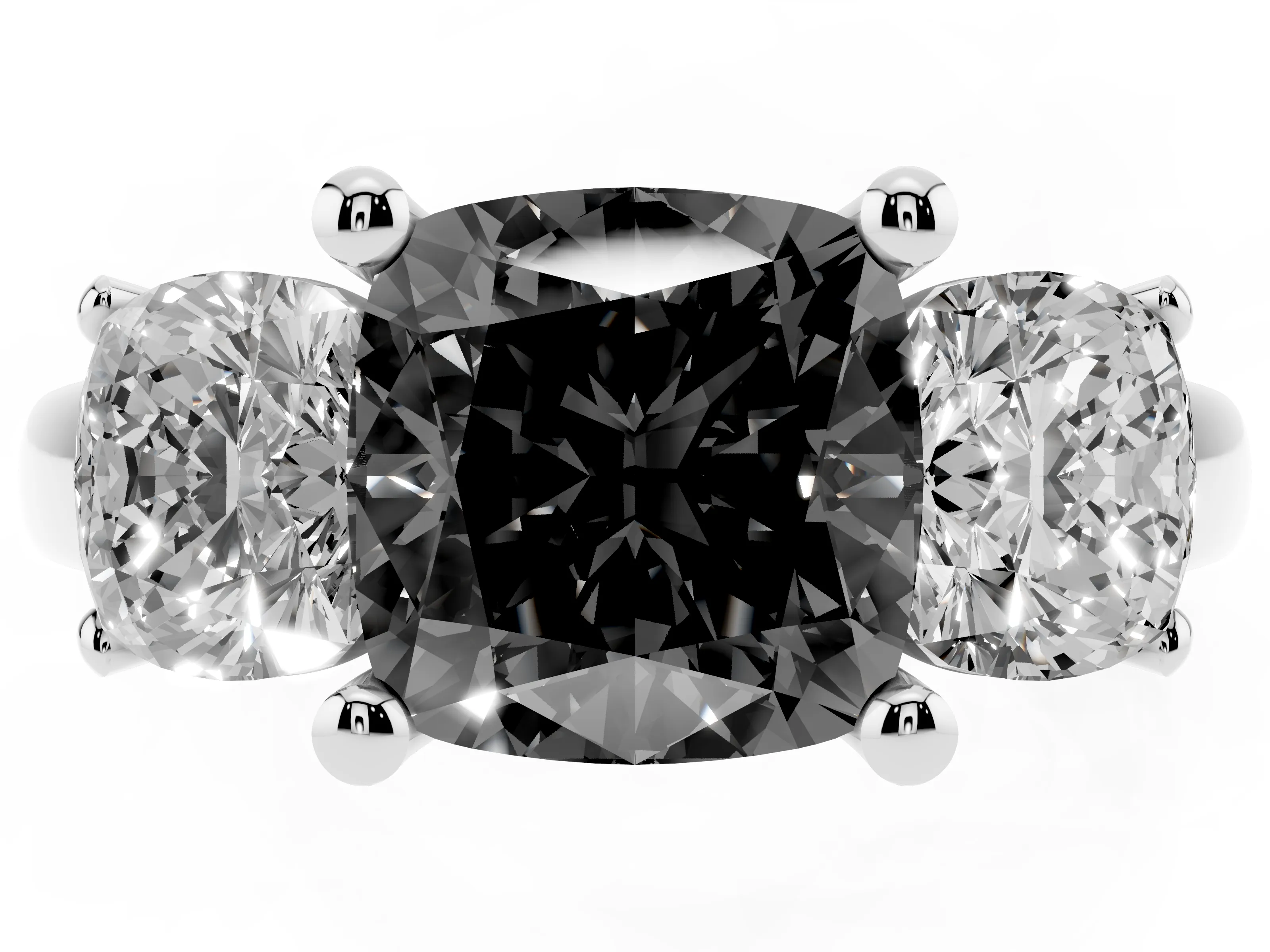 Fancy Black Cushion Cut Diamond Three-Stone Ring Set in White gold with Classic Prong Setting and Plain Band