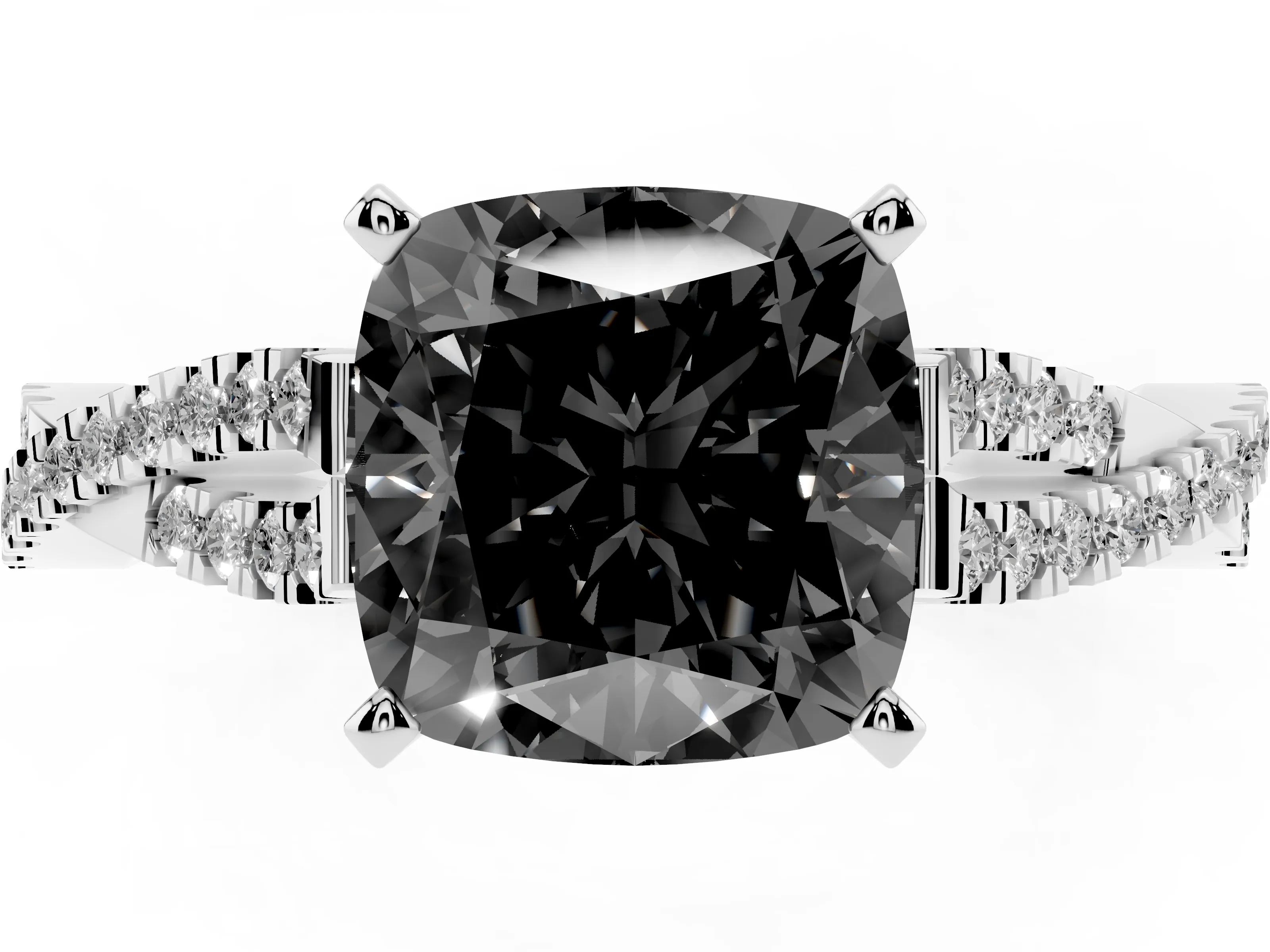 Fancy Black Cushion Cut Diamond Solitaire Engagement Ring Set in White gold with Twisted Pavé Band and Prong Setting