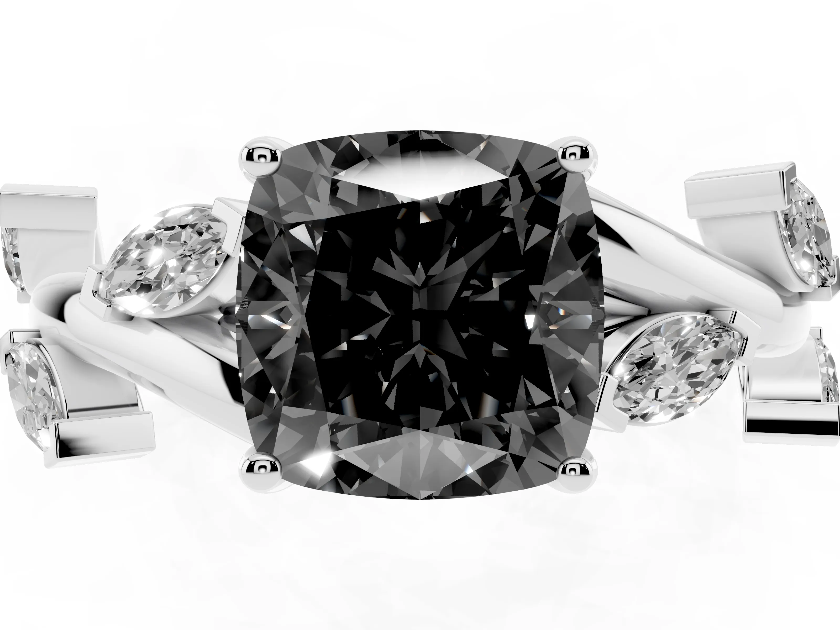 Fancy Black Cushion Cut Diamond Solitaire Ring Set in White gold with Twisted Marquise Accent Band