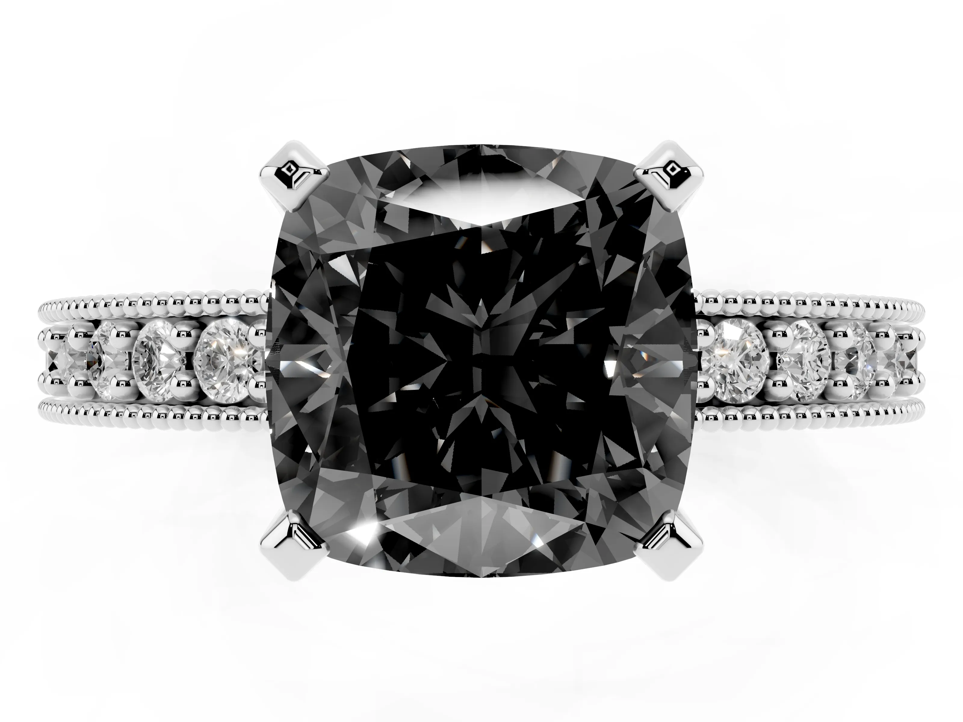 Fancy Black Cushion Cut Diamond Milgrain Pavé Engagement Ring Set in White gold with Prong Setting