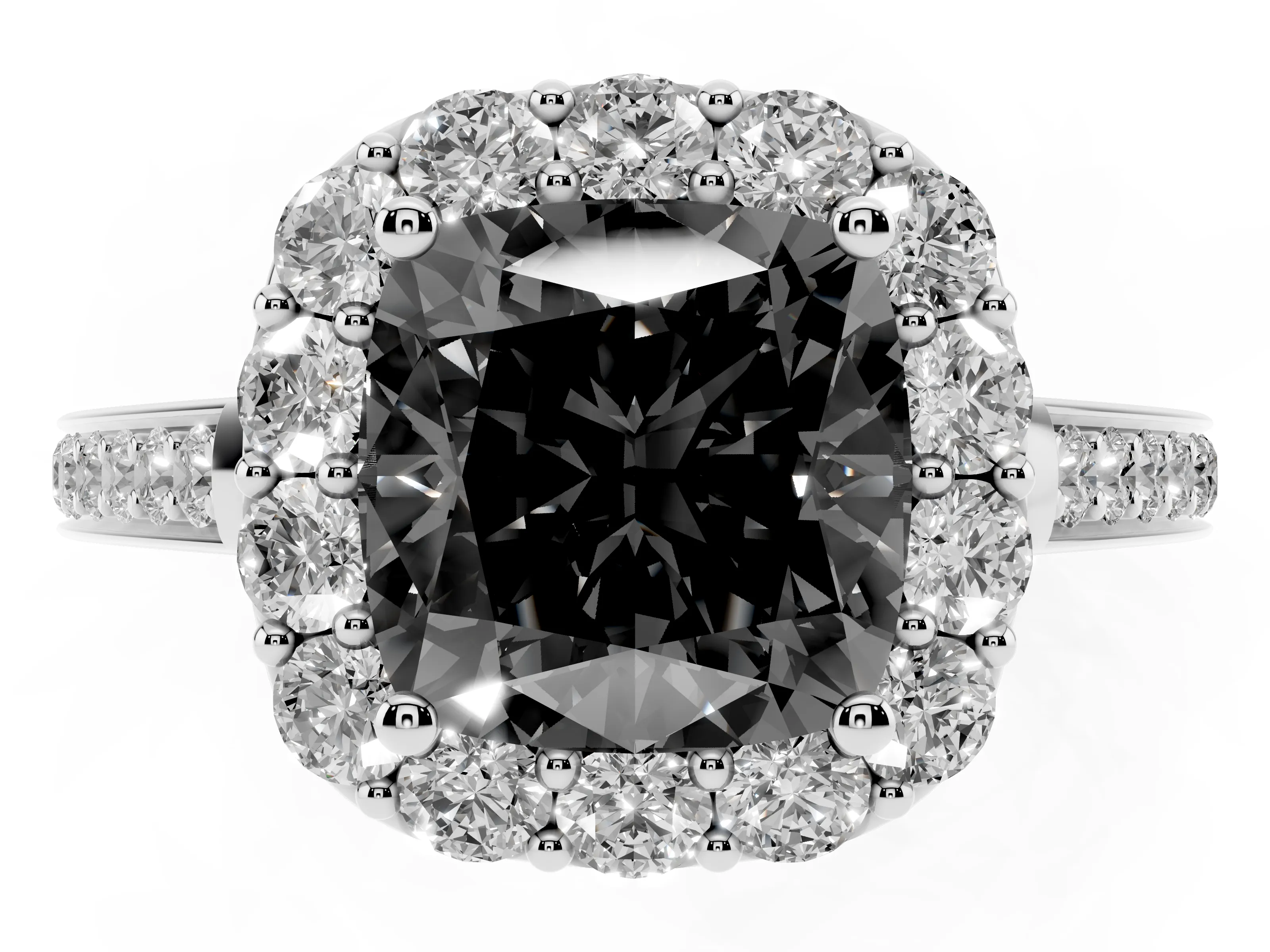 Fancy Black Cushion Cut Diamond Floral Halo Ring Set in White gold with Pavé Band and Prong Setting