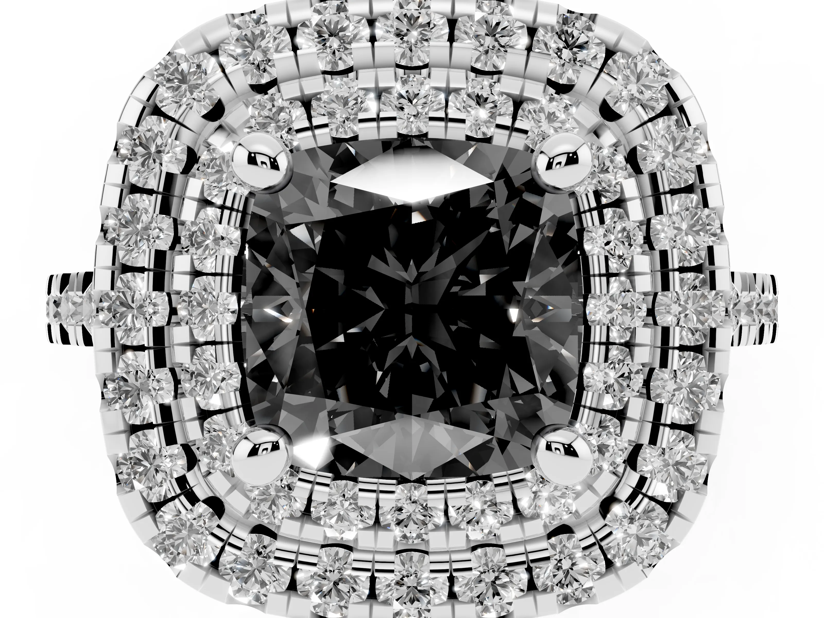 Fancy Black Cushion Cut Diamond Double Halo Statement Ring Set in White gold with Pavé Band