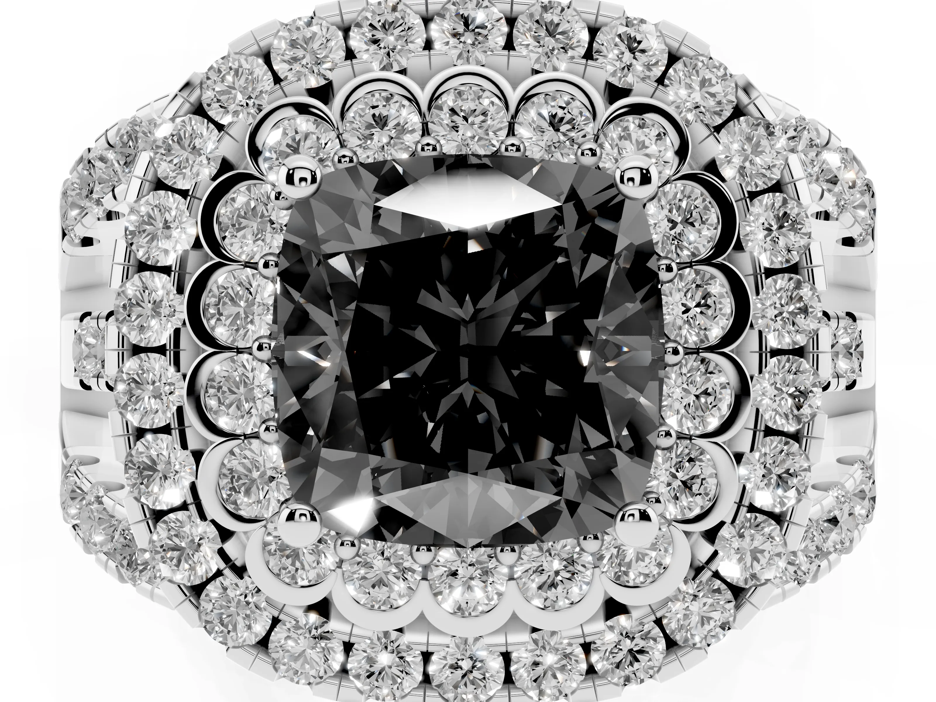 Fancy Black Cushion Cut Diamond Double Halo Ring Set in White gold with Round Pavé Split Shank