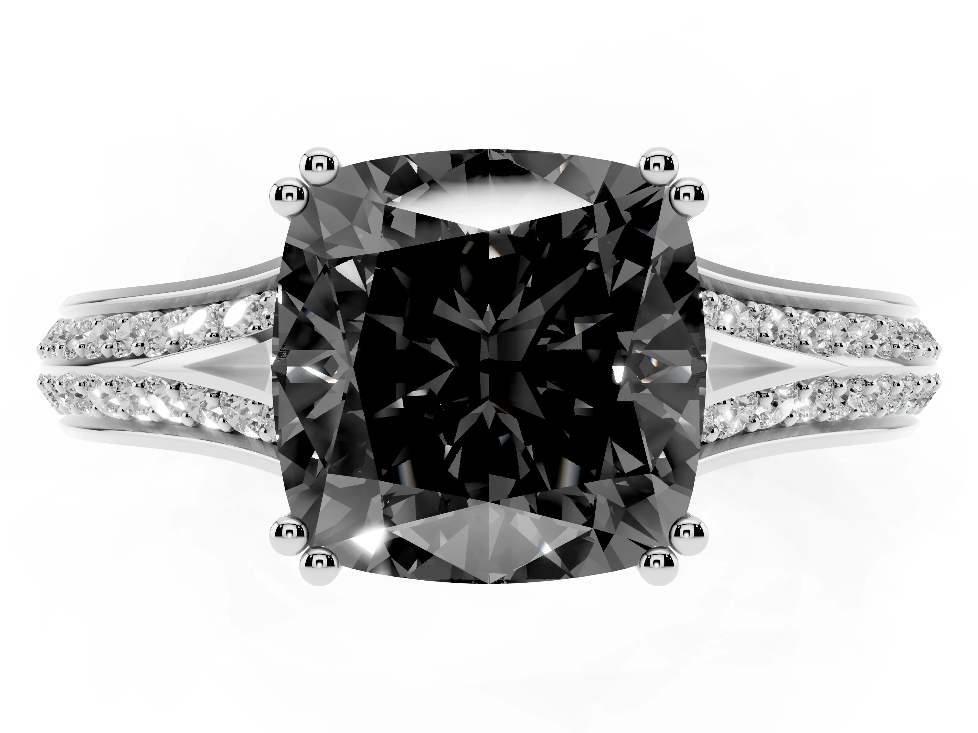 Fancy Black Cushion Cut Diamond Split Shank Pavé Engagement Ring Set in Platinum with Prong-Set Center Stone