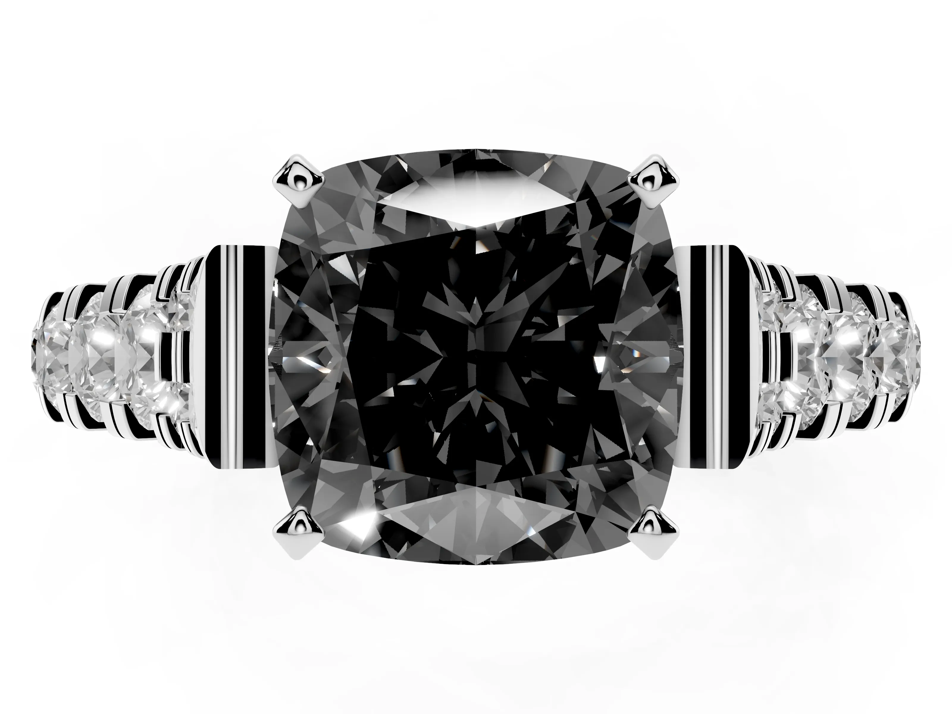 Fancy Black Cushion Cut Diamond Classic Solitaire Ring Set in Silver with Pavé Band and Prong Setting