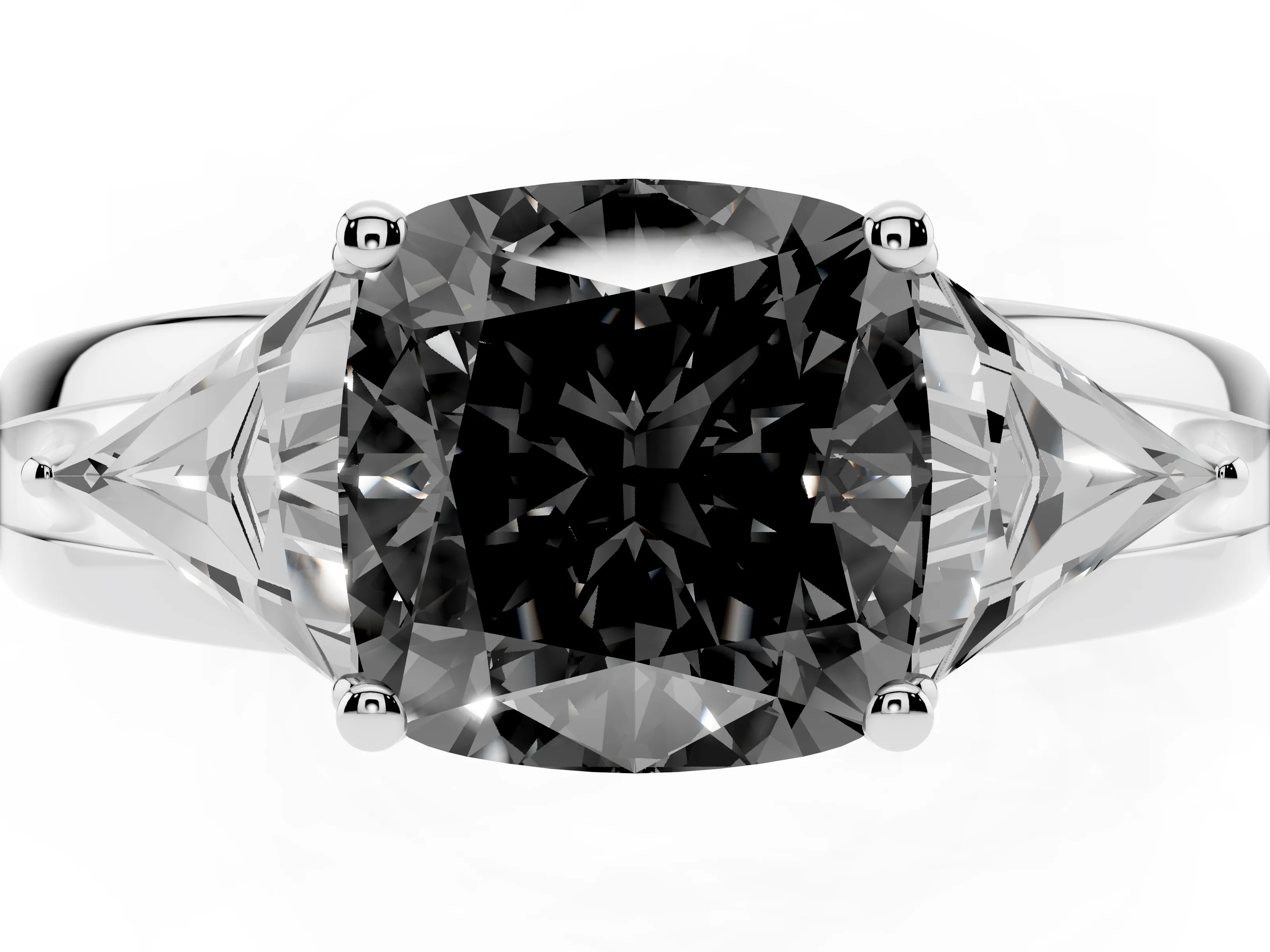 Fancy Black Cushion Cut Diamond Three-Stone Ring Set in Silver with Trillion Side Stones and Split Shank