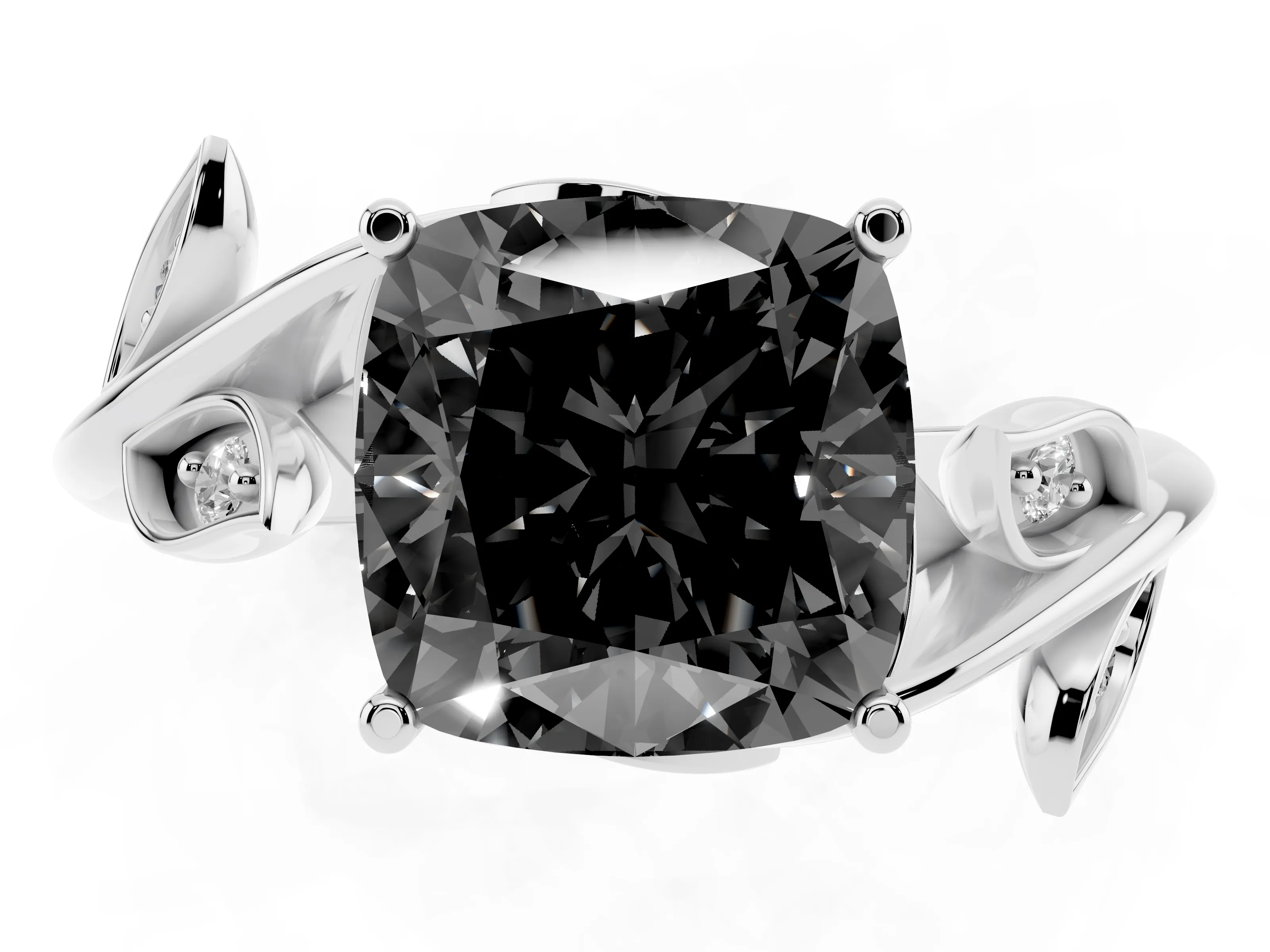 Fancy Black Cushion Cut Diamond Solitaire Twist Engagement Ring Set in Silver with Pavé Leaf Accents