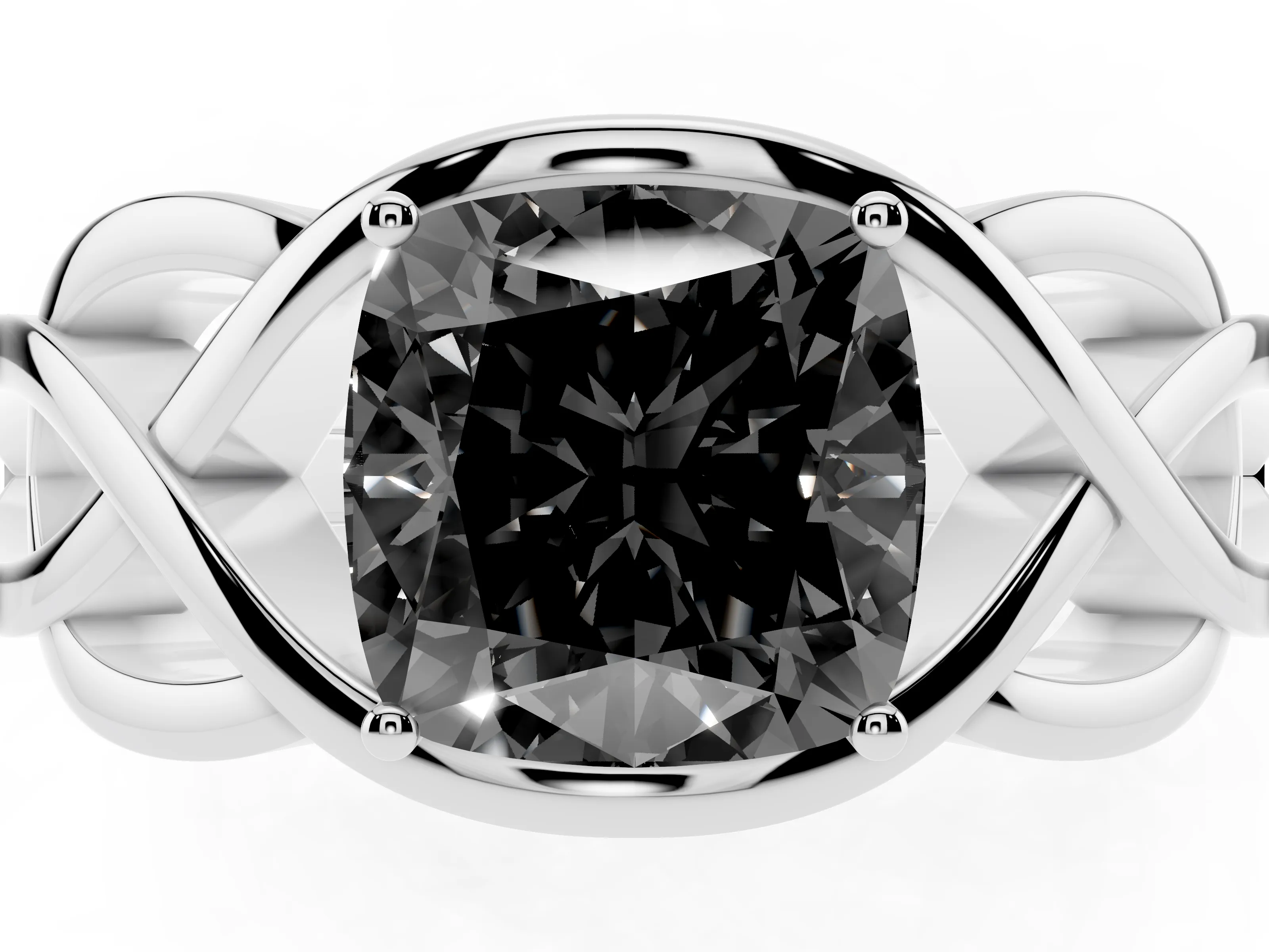 Fancy Black Cushion Cut Diamond Solitaire Ring Set in White gold with Intertwined Band