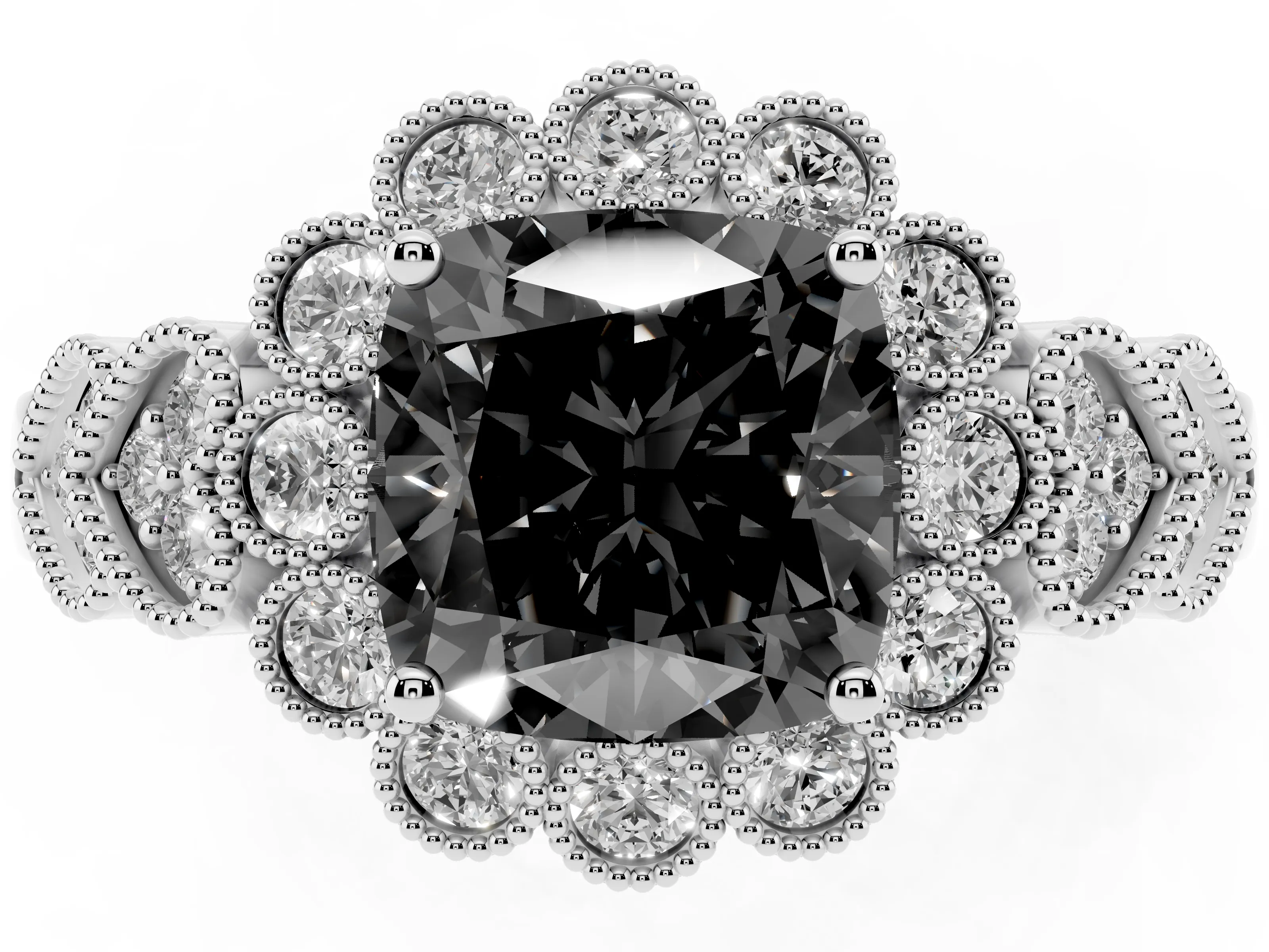 Fancy Black Cushion Cut Diamond Solitaire Ring Set in Platinum with Milgrain Pavé Heart Band