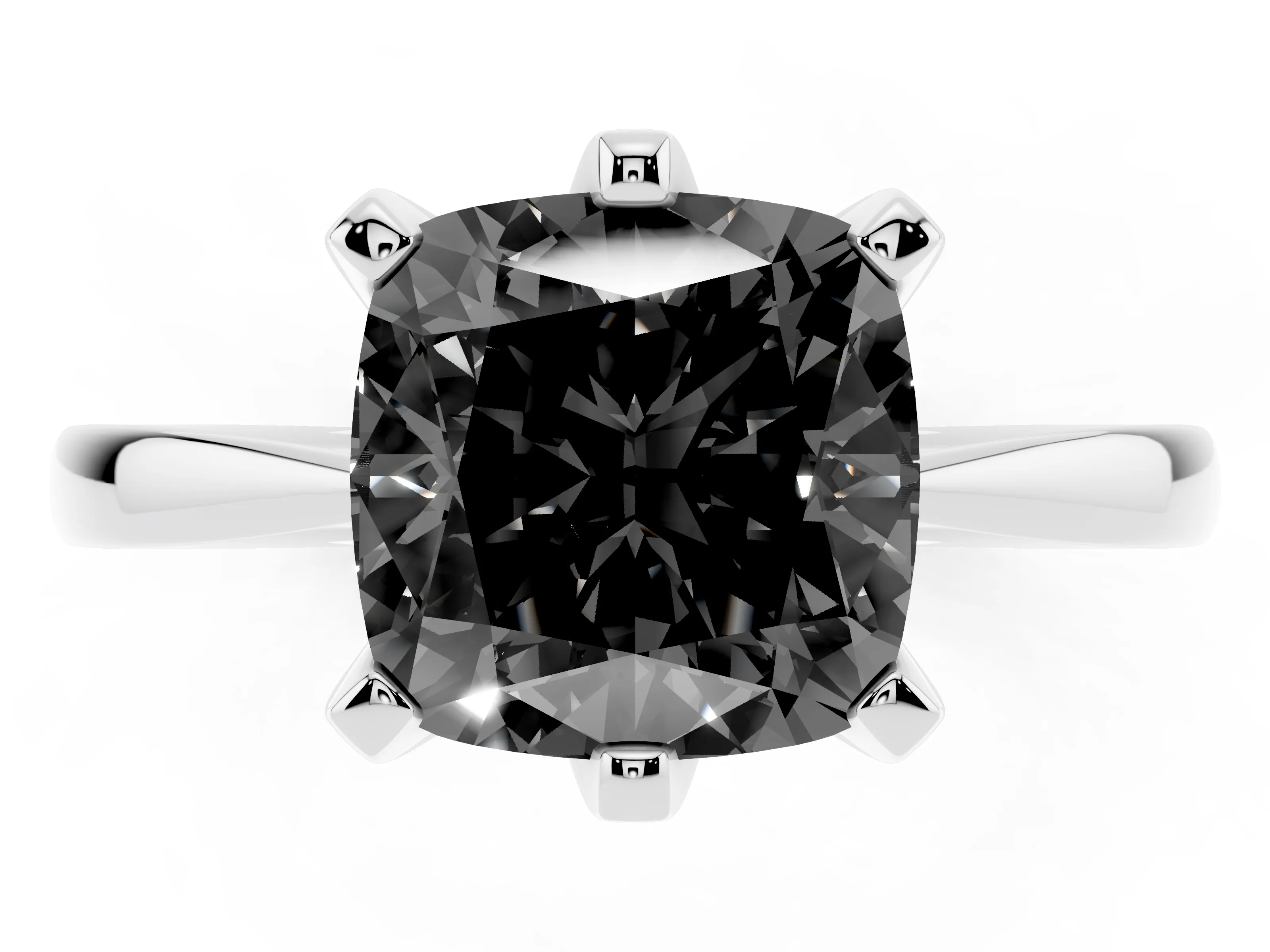 Fancy Black Cushion Cut Diamond Solitaire Engagement Ring Set in White gold with Slim Tapered Solitaire Band