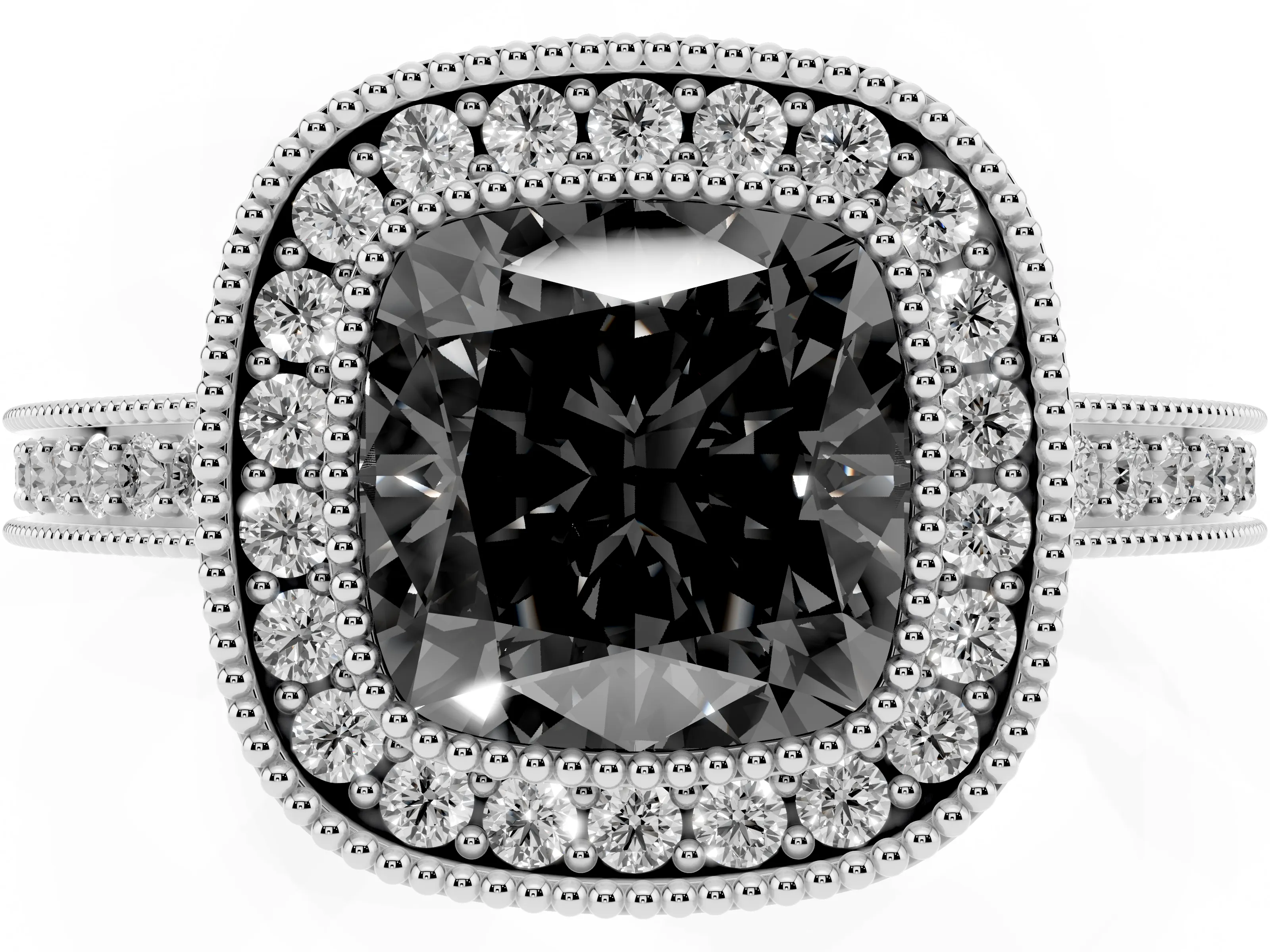 Fancy Black Cushion Cut Diamond Round Halo Ring Set in Platinum with Pavé Band