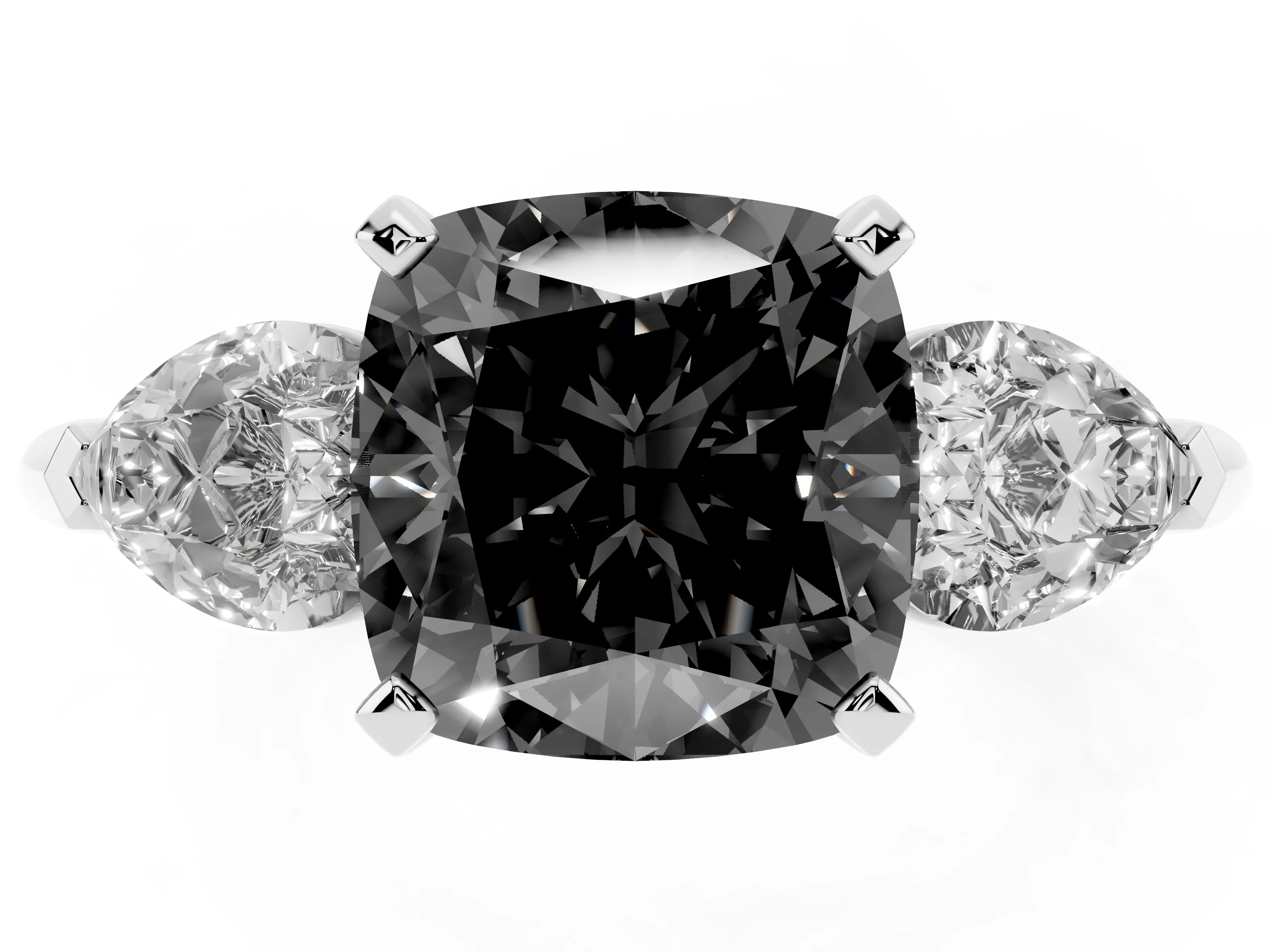 Fancy Black Three-Stone Cushion Cut Diamond Ring Set in Silver with Pear Side Stones and Prong Setting