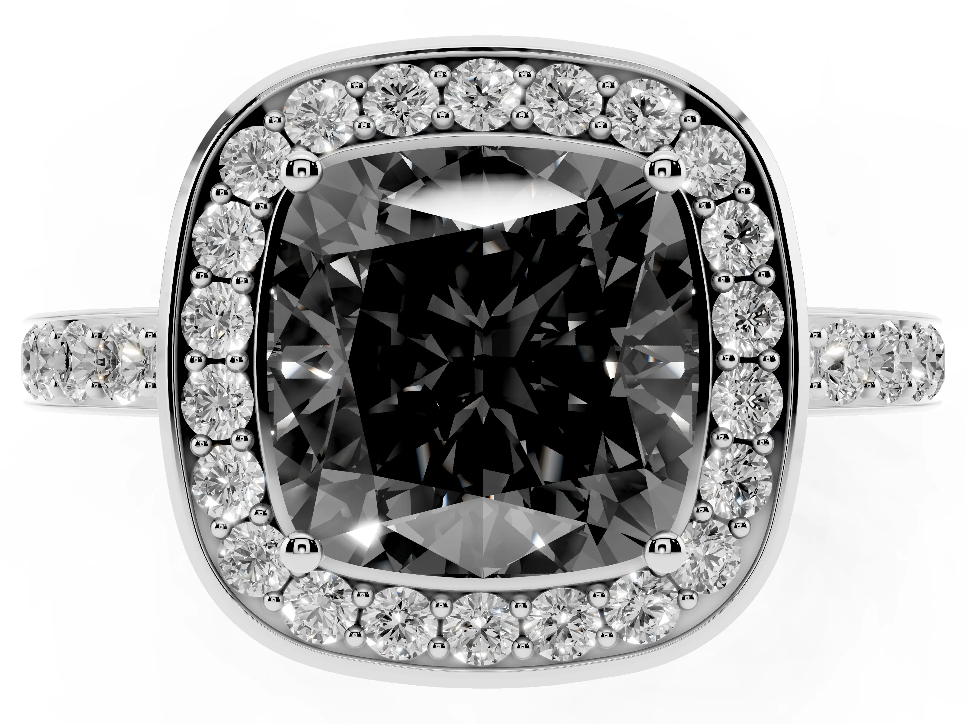 Fancy Black Cushion Cut Diamond Halo Ring Set in Silver with Bezel Frame and Pavé Band