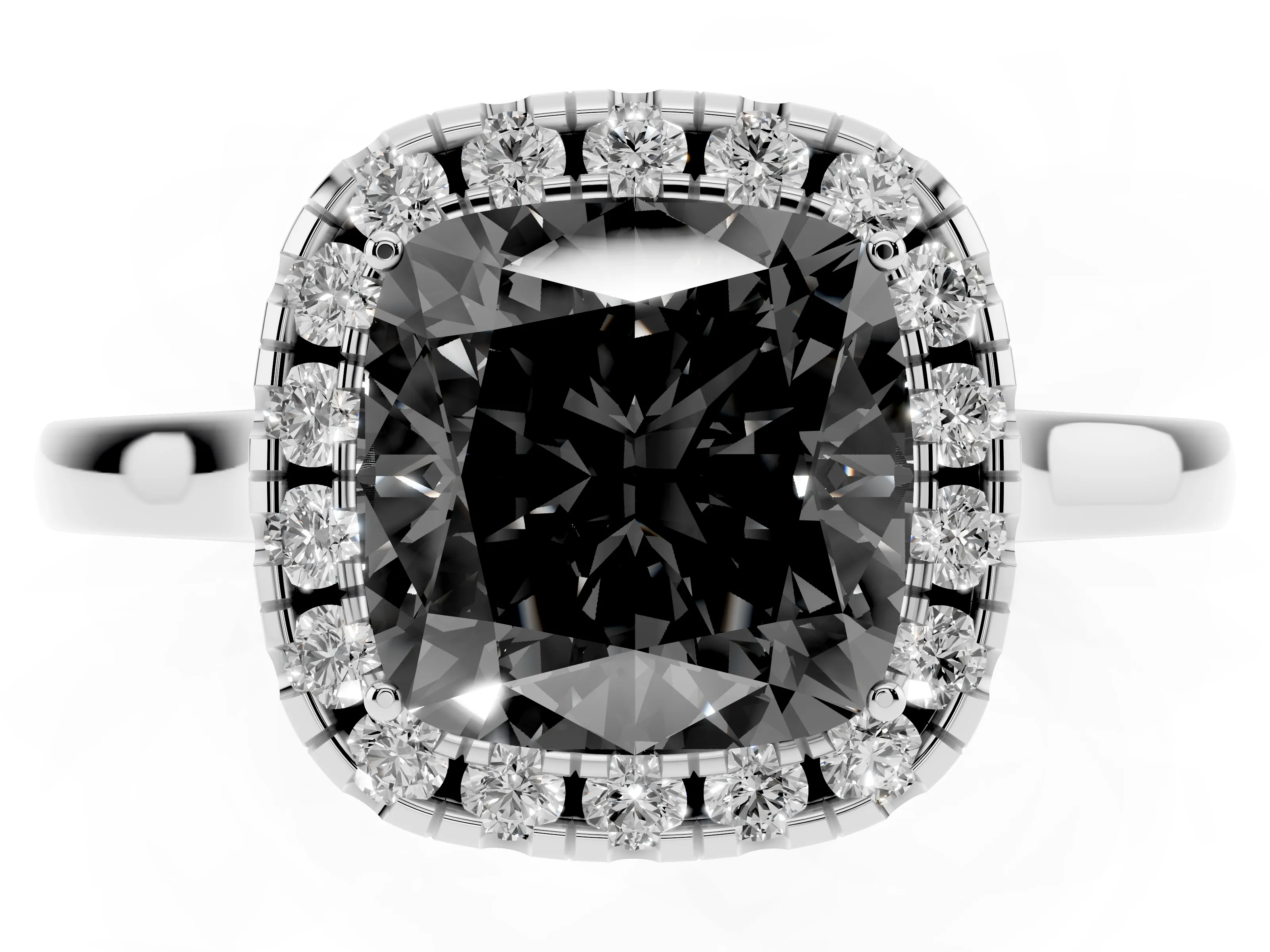 Fancy Black Cushion Cut Halo Round Diamond Solitaire Ring Set in Platinum with Pavé Band and Prong Setting