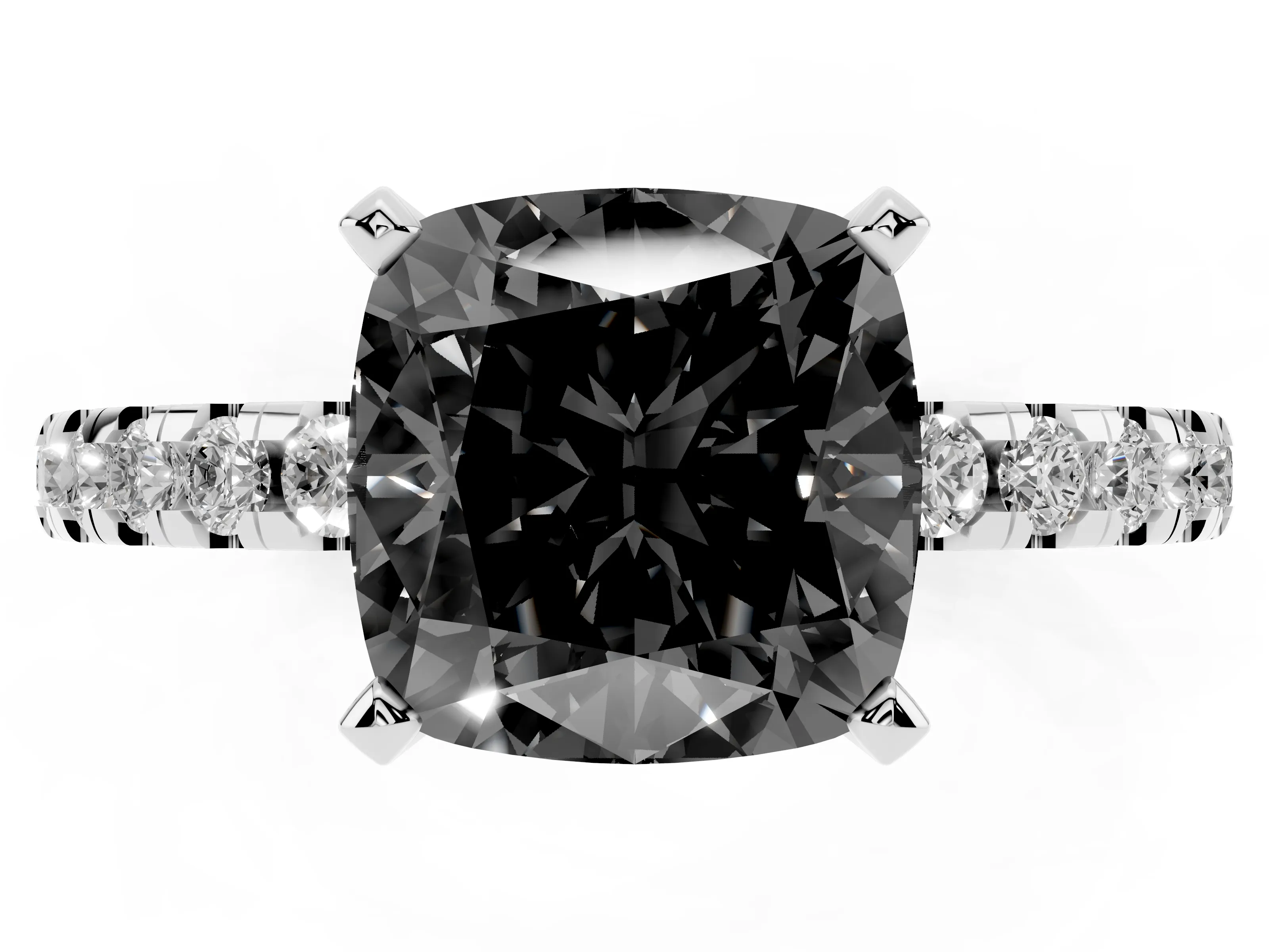Fancy Black Cushion Cut Diamond Pavé Solitaire Ring Set in White gold with Round Band Accents and Prong Setting