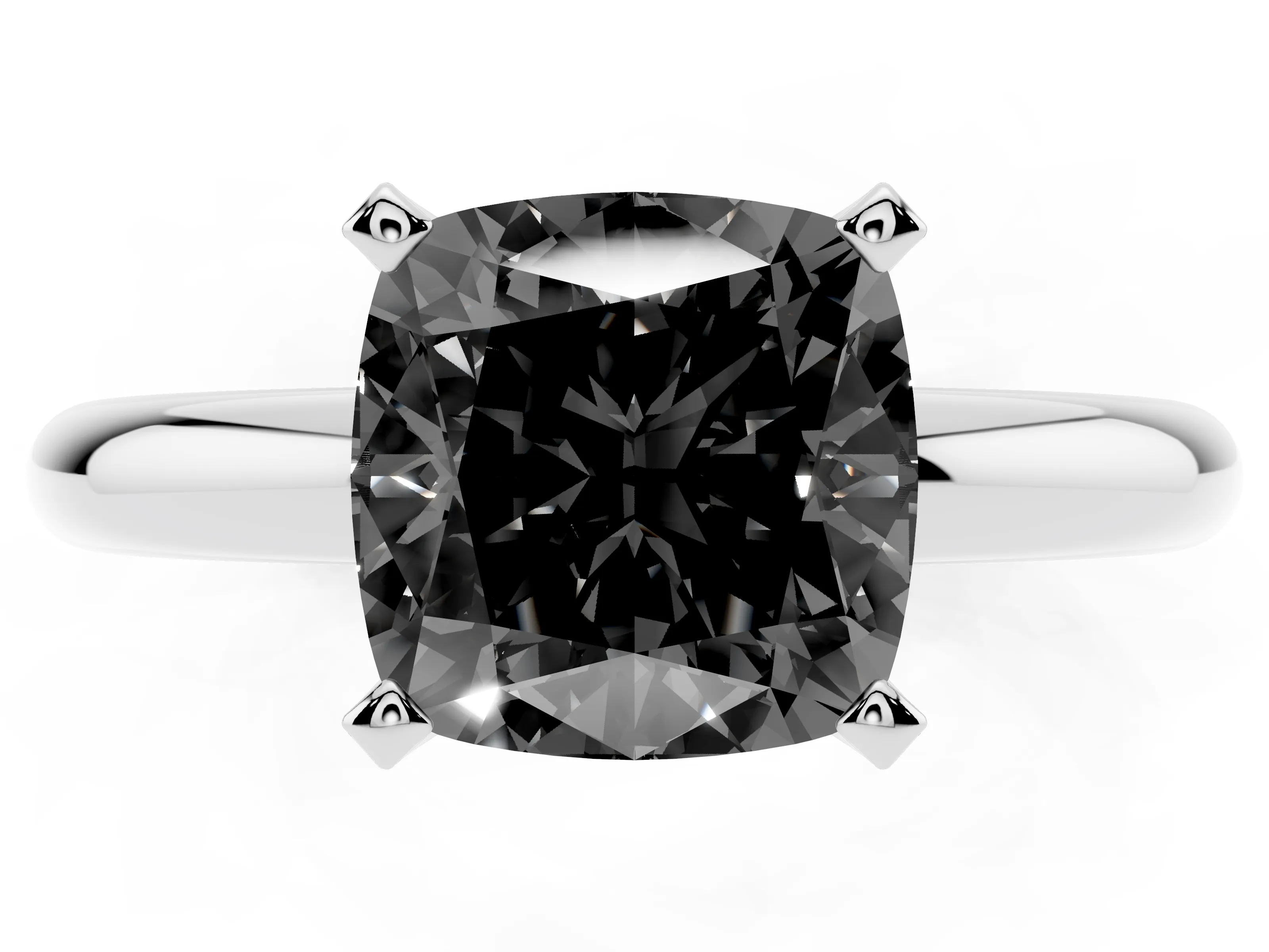 Fancy Black Cushion Cut Diamond Solitaire Engagement Ring Set in White gold with Round Band and Prong Setting