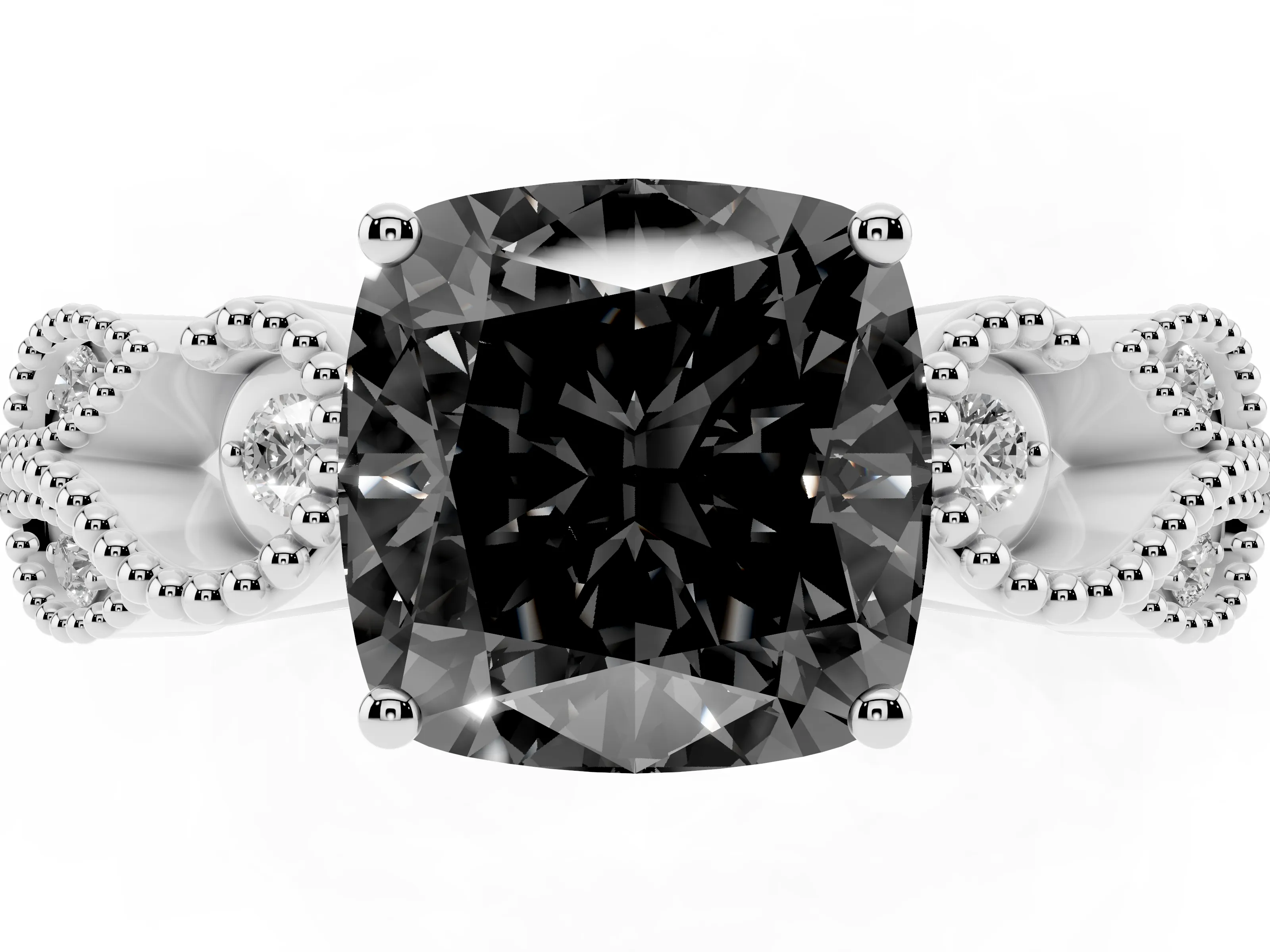 Fancy Black Cushion Cut Diamond Milgrain Leaf Band Solitaire Ring Set in White gold with Accent Stones and Prong Setting