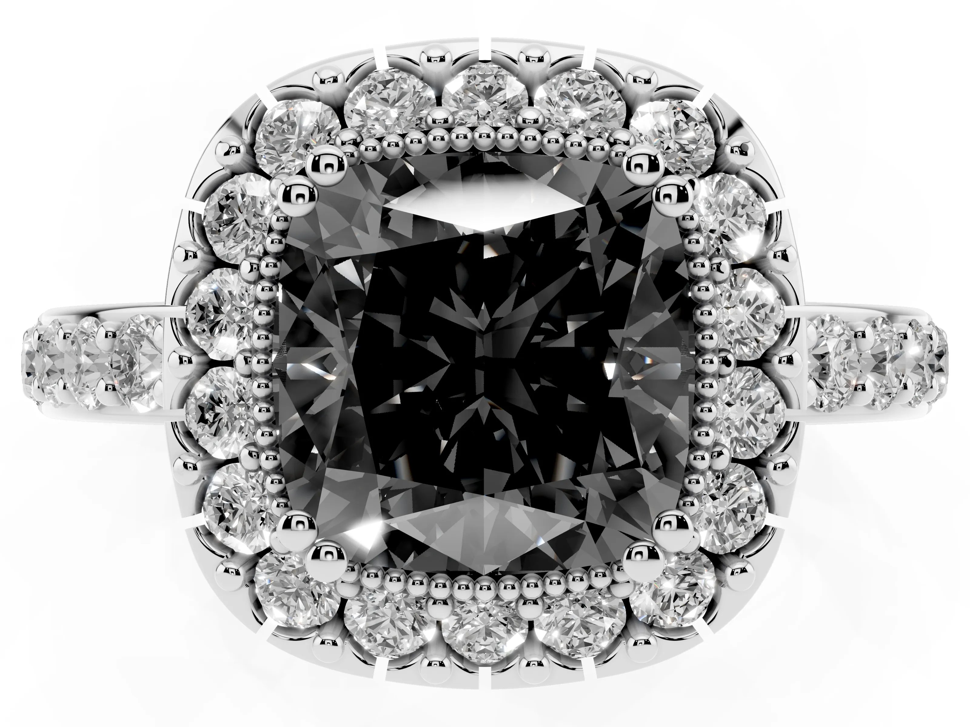 Fancy Black Cushion Cut Diamond Halo Ring Set in White gold with Pavé Shank and Prong Setting
