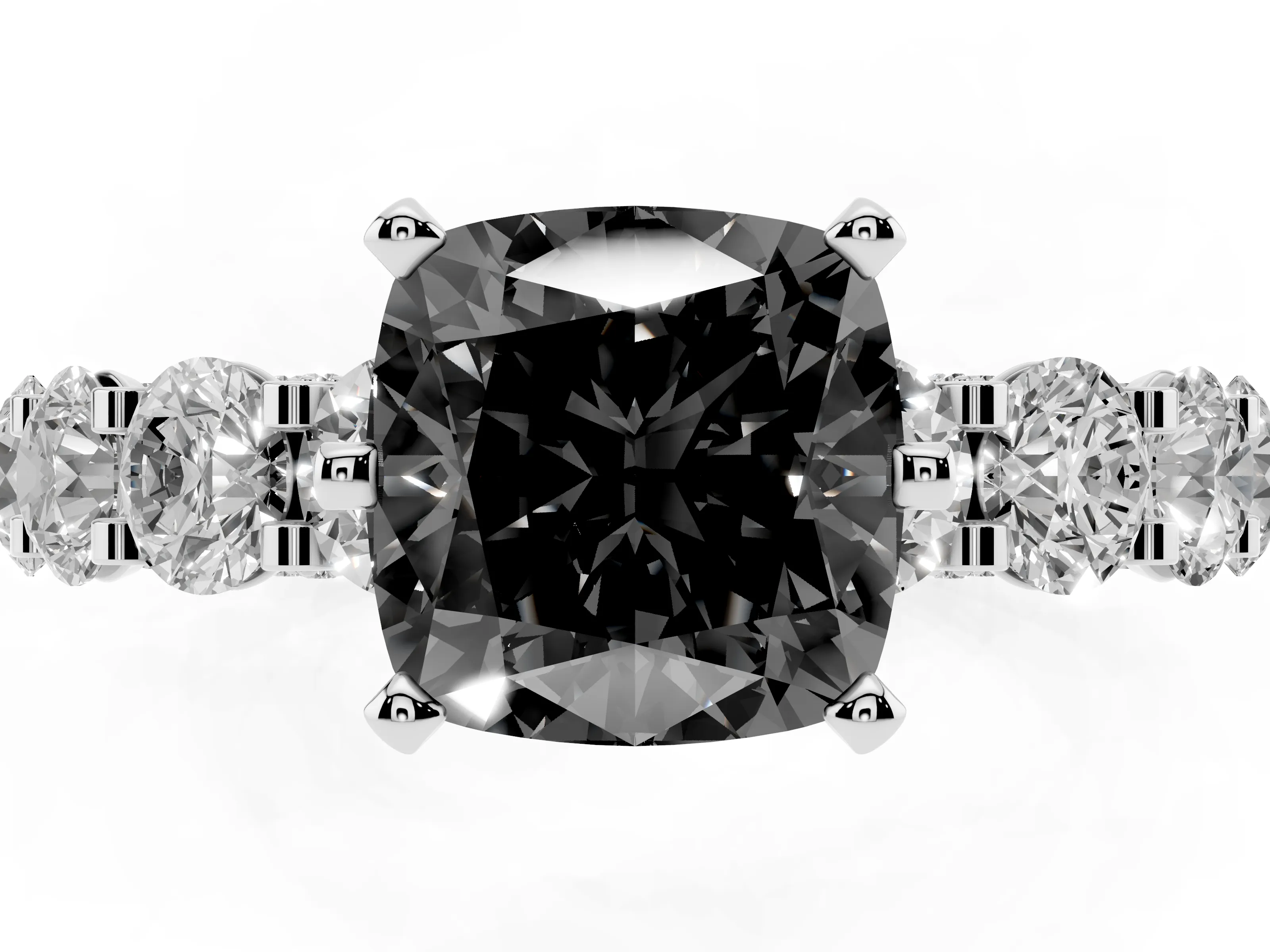 Fancy Black Cushion Cut Diamond Side Stone Ring Set in Platinum with Alternating Round and Oval Side Stones