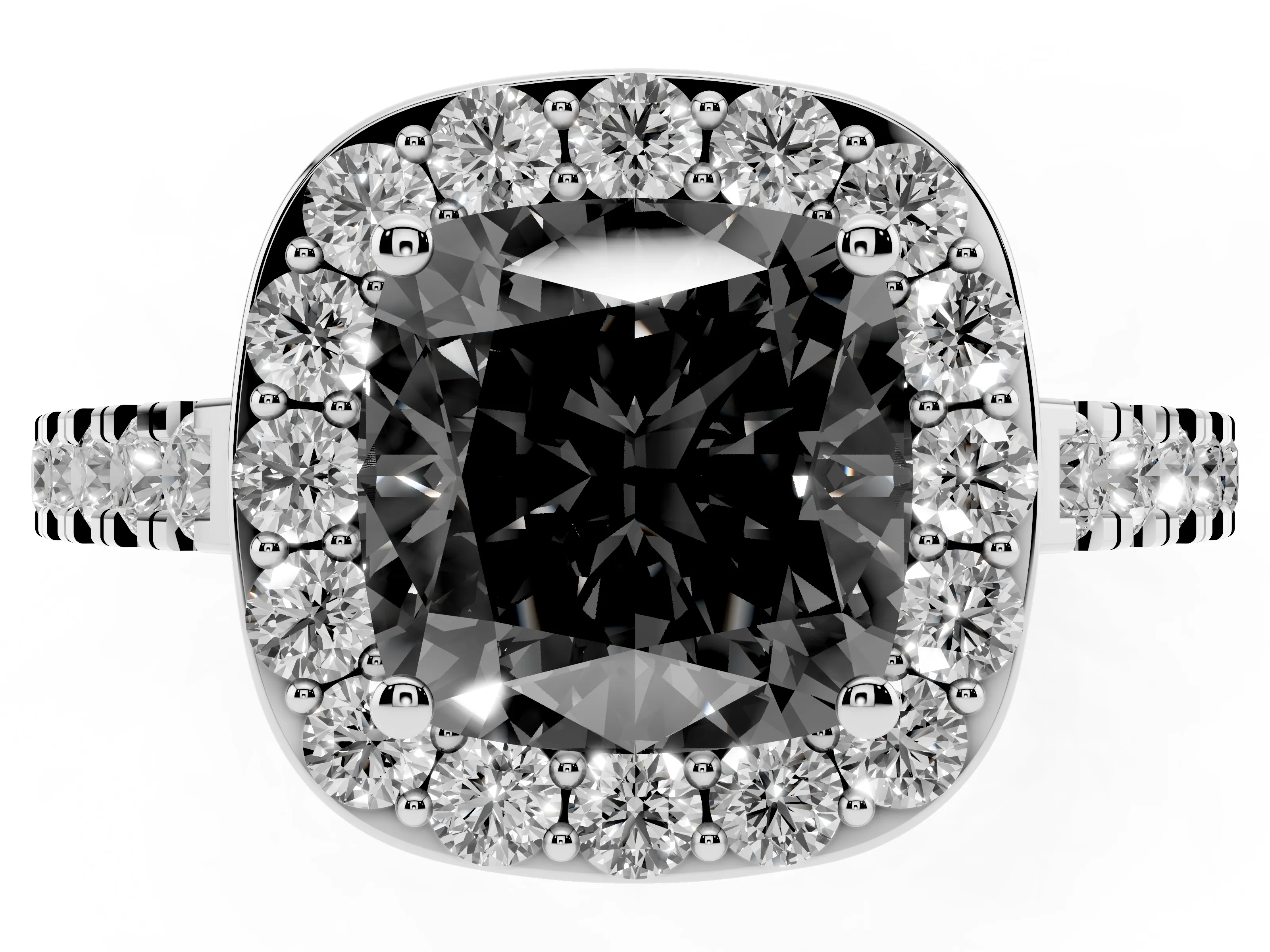 Fancy Black Cushion Cut Diamond Halo Ring Set in Silver with Round Pavé Split Shank and Prong Setting