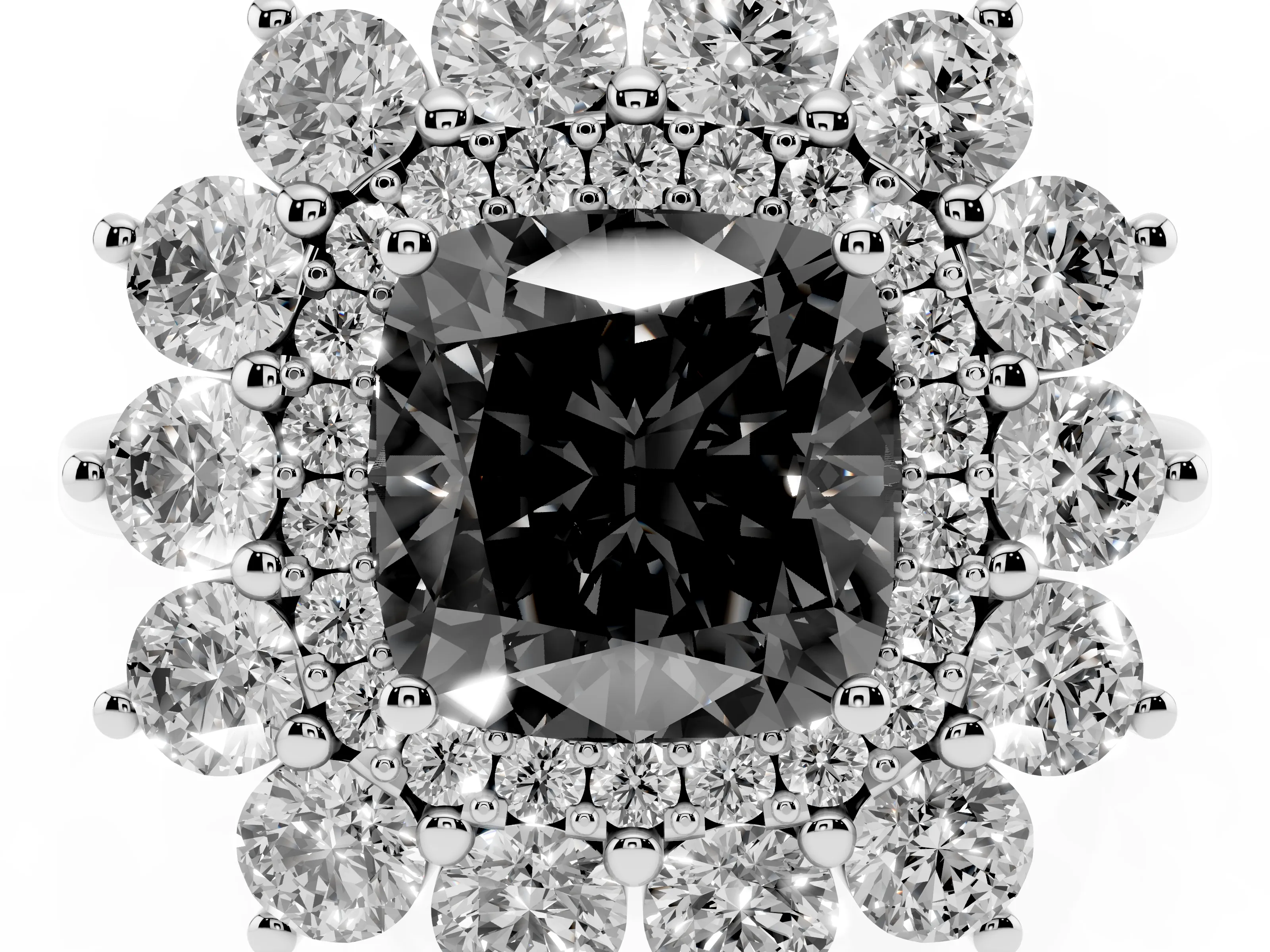 Fancy Black Cushion Cut Diamond Floral Double Halo Ring Set in Platinum with Round Petals