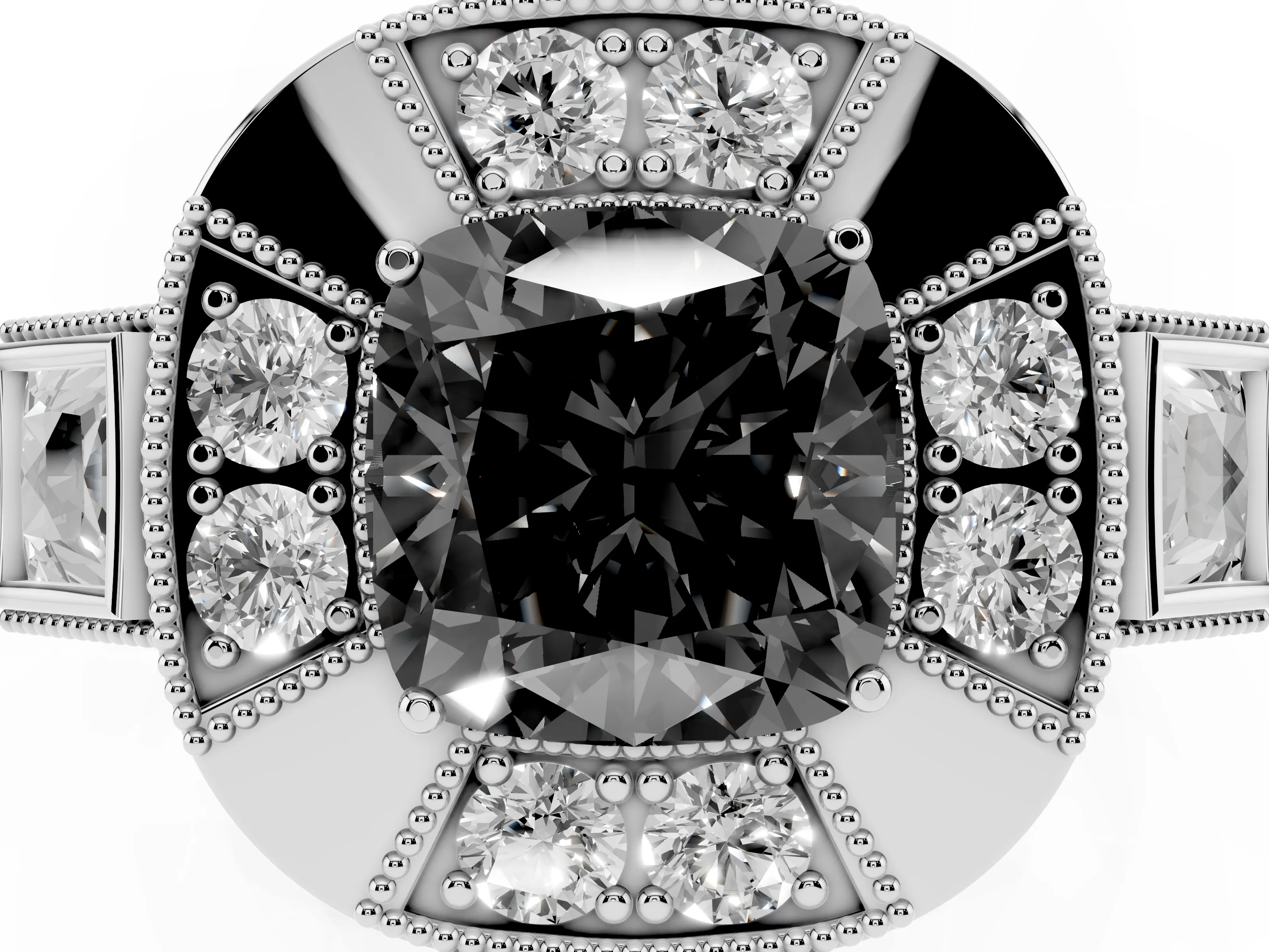 Fancy Black Cushion Cut Diamond Milgrain Halo Ring Set in Silver with Split Shank