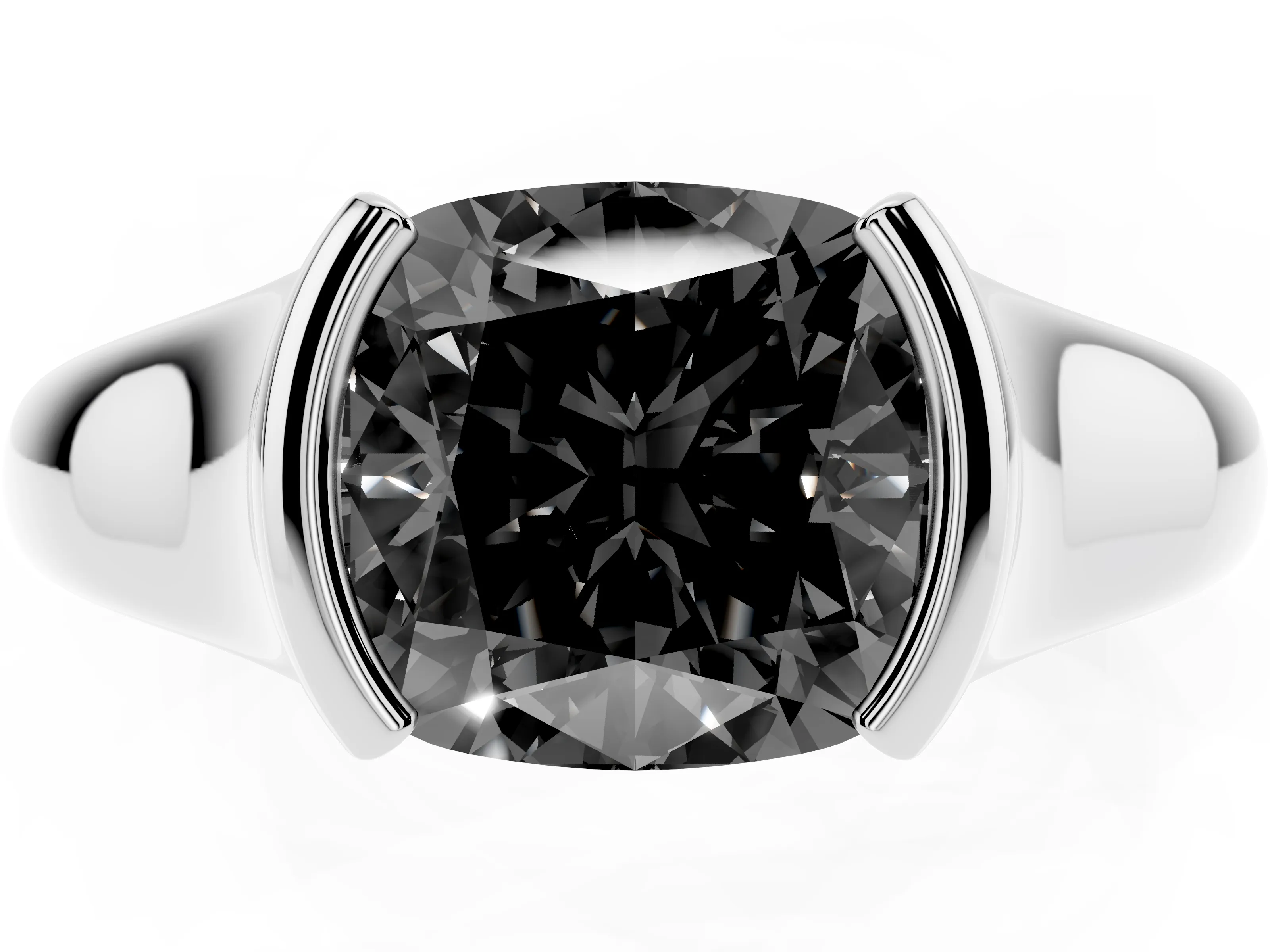Fancy Black Cushion Cut Diamond Solitaire Tension Set Ring Set in Silver with Split Shank Band