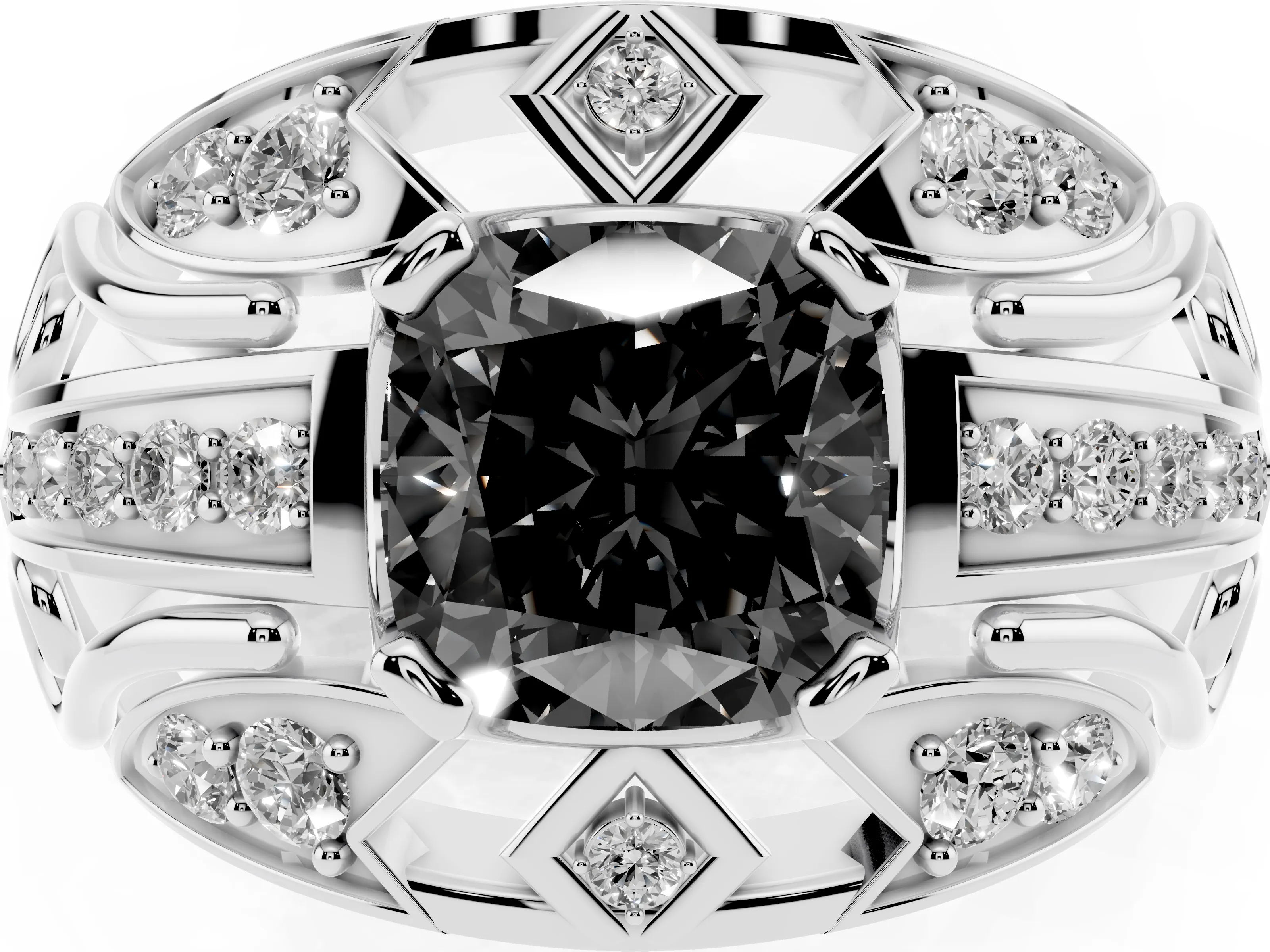 Fancy Black Cushion Cut Diamond Art Deco Ring Set in Silver with Pavé Split Shank