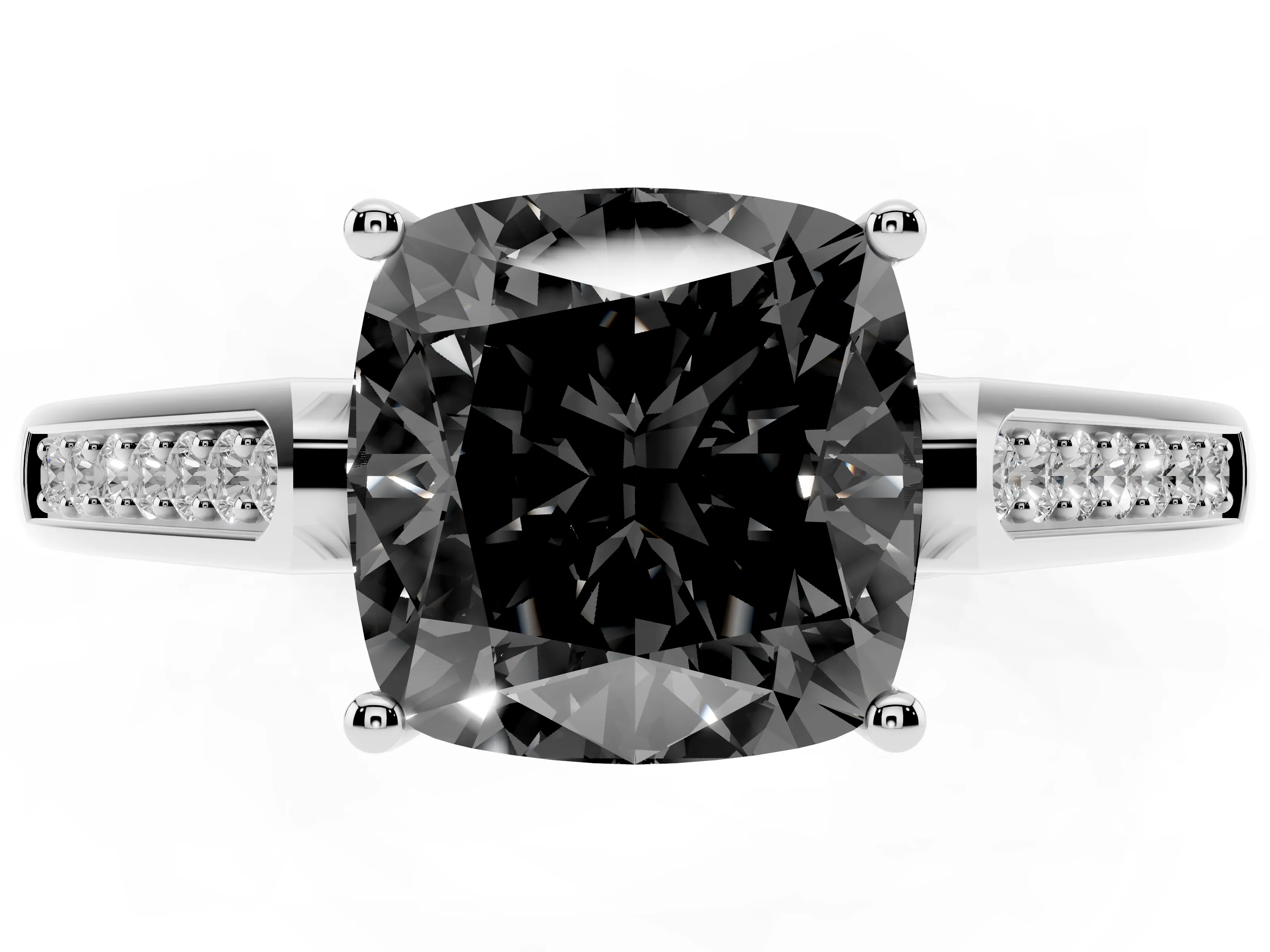 Fancy Black Cushion Cut Diamond Solitaire Cathedral Engagement Ring Set in White gold with Channel-Set Band and Prong Setting