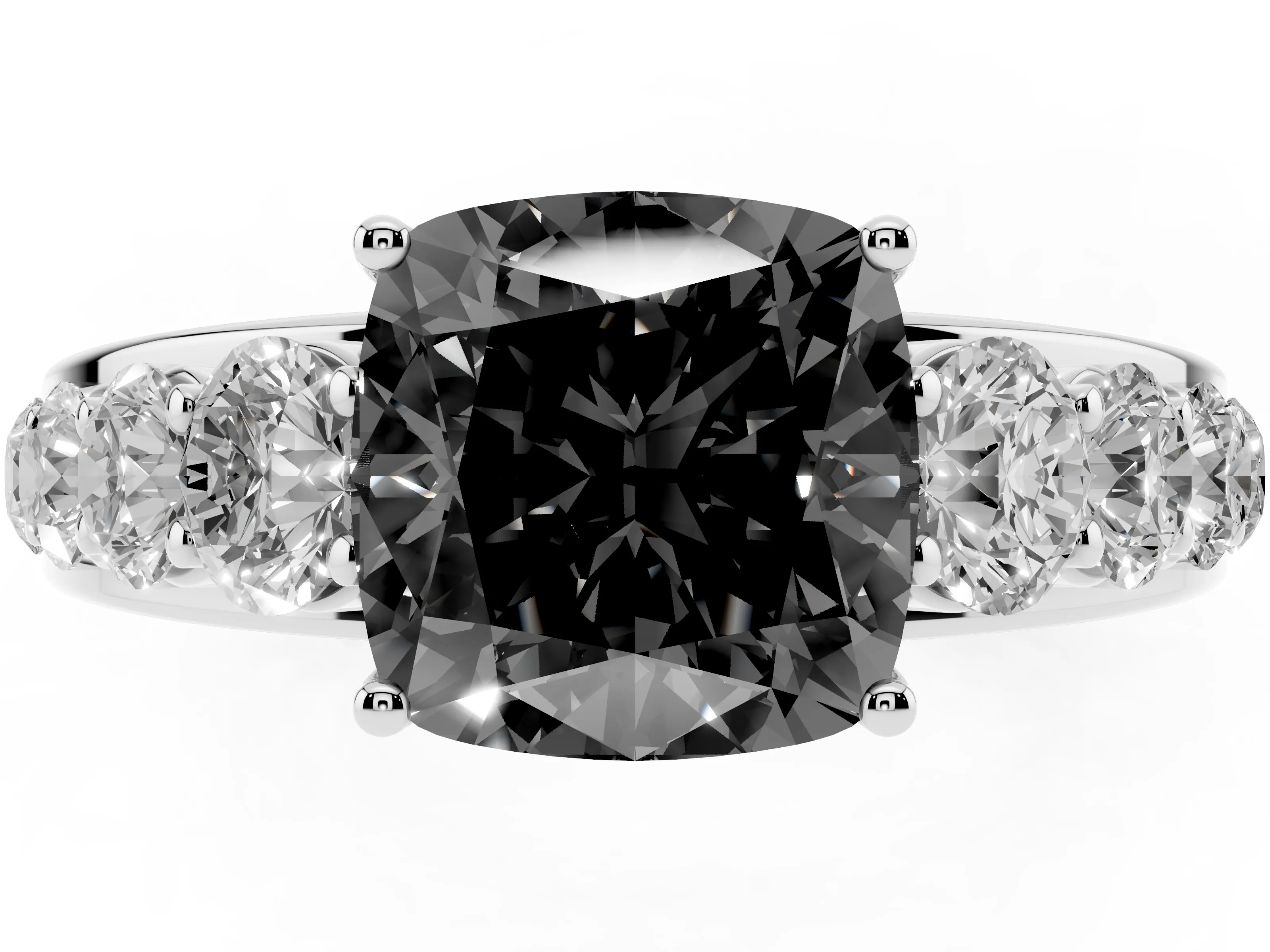 Fancy Black Cushion Cut Diamond Solitaire Ring Set in Silver with Pavé-Set Band and Prong Setting