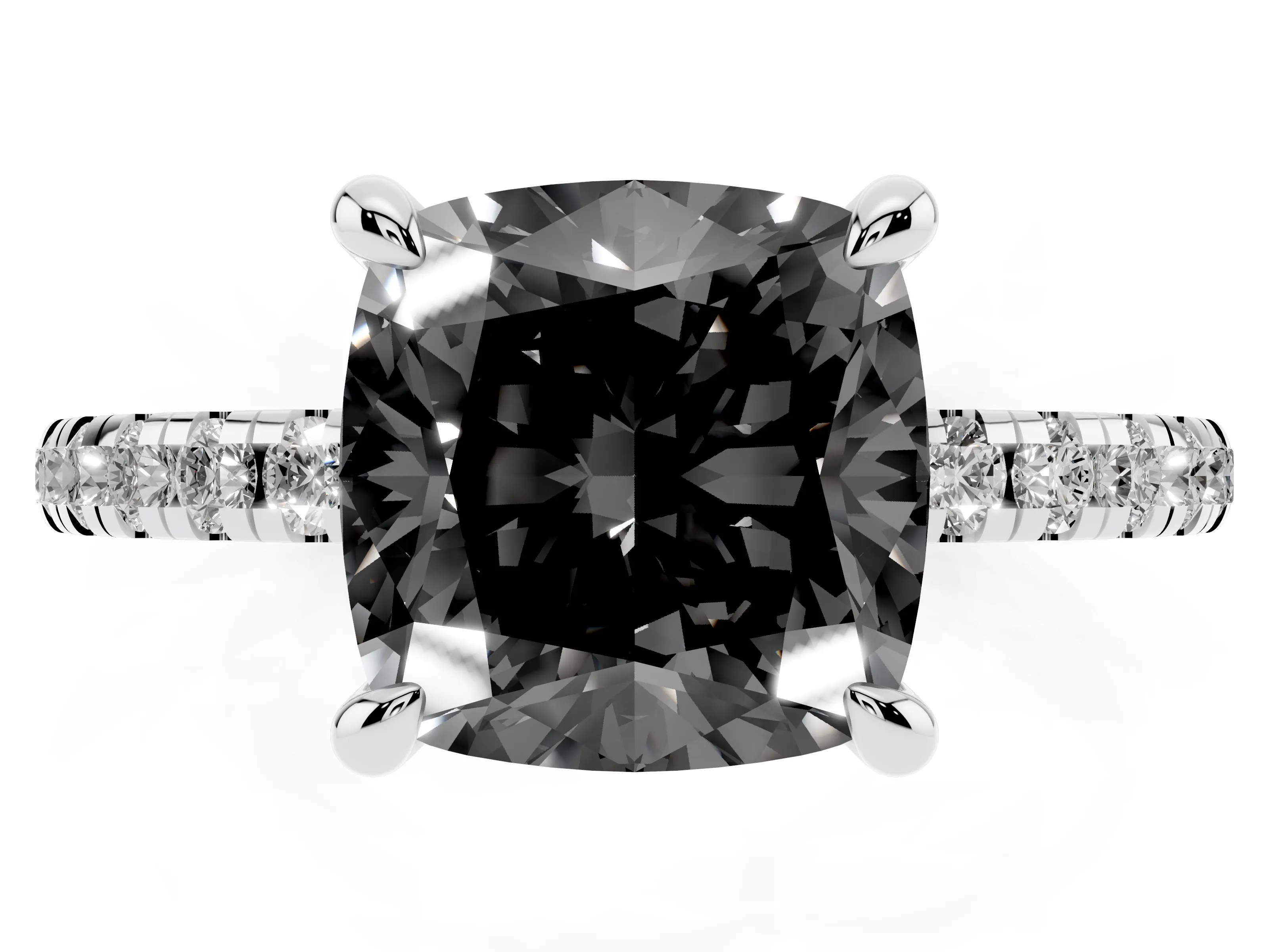 Fancy Black Cushion Cut Diamond Brilliant Solitaire Ring Set in Platinum with Pavé Band and Prong Setting