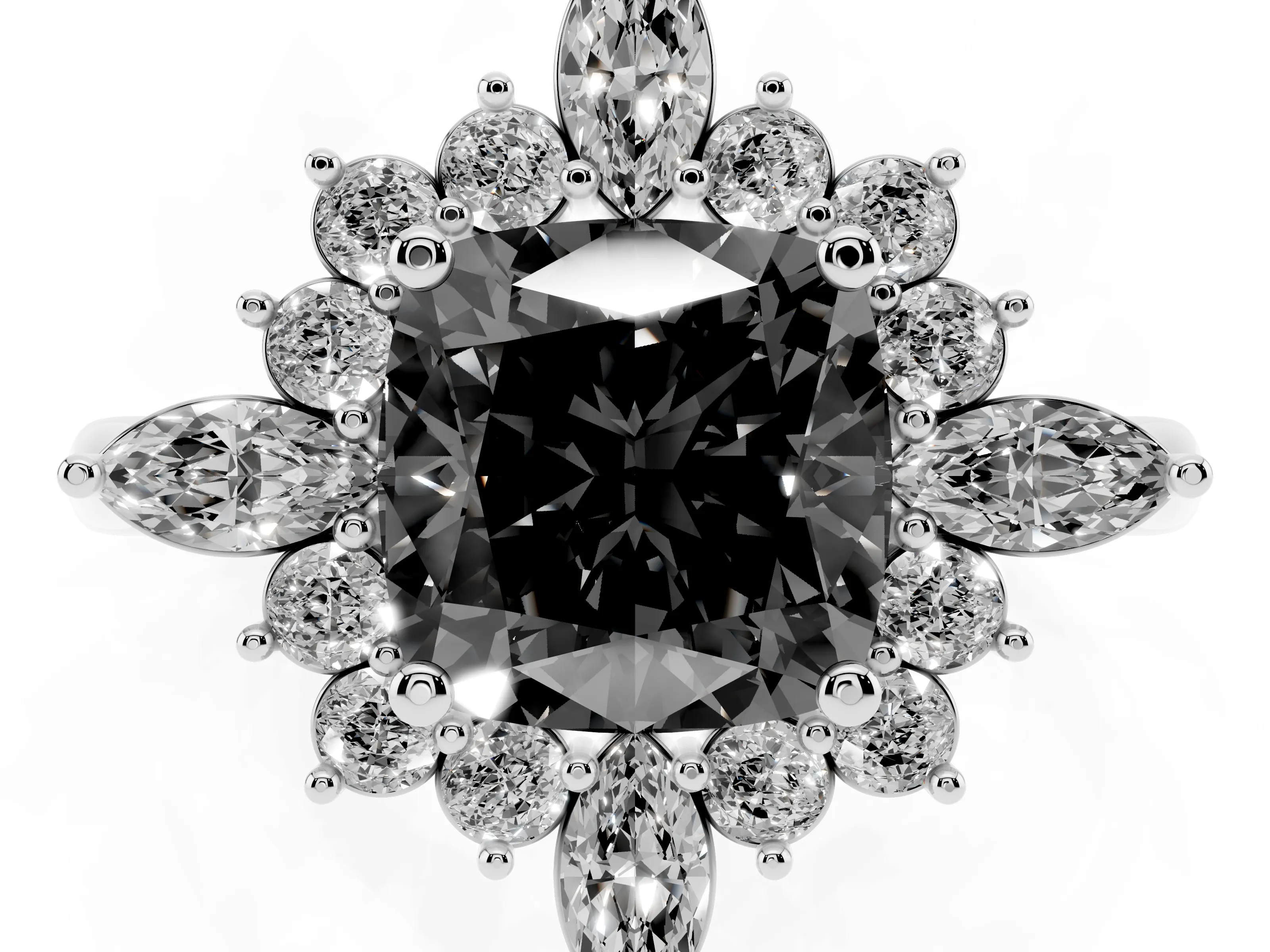 Fancy Black Cushion Cut Diamond Cluster Halo Ring Set in Platinum with Marquise and Round Accents