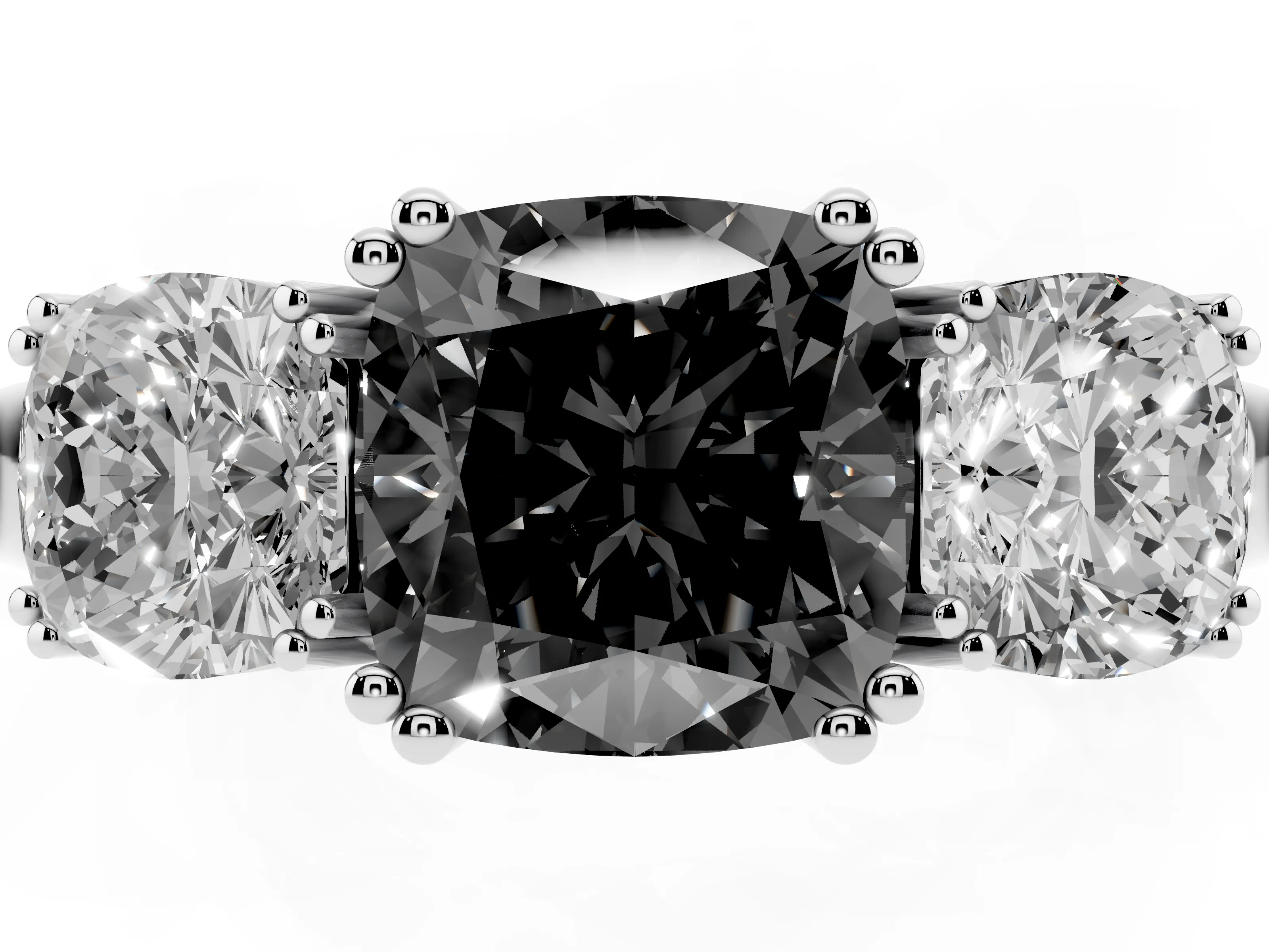 Fancy Black Cushion Cut Diamond Three-Stone Ring Set in Silver with Polished Band and Prong Setting