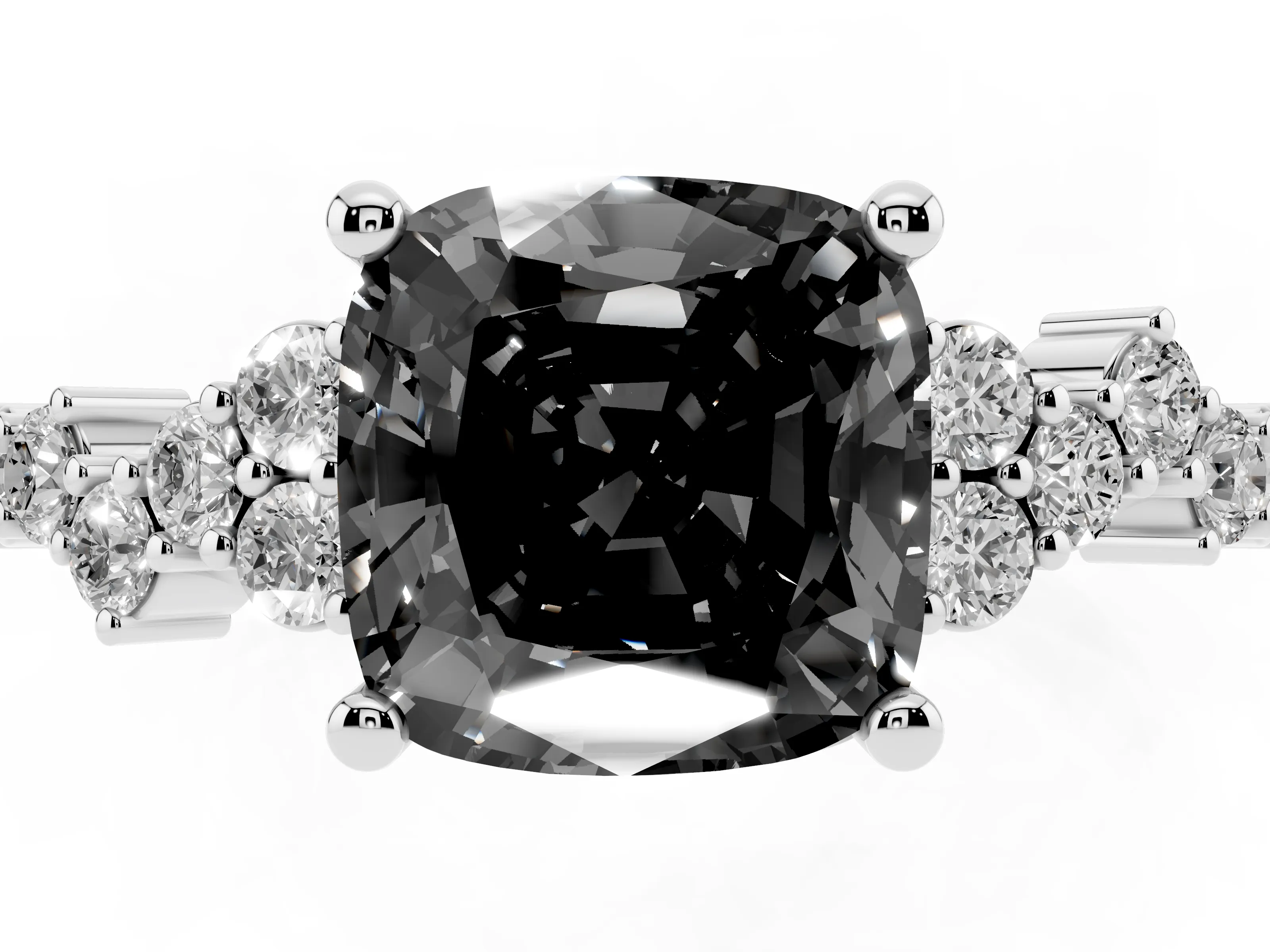 Fancy Black Cushion Cut Diamond Ring Set in Silver with Scattered Round Accents