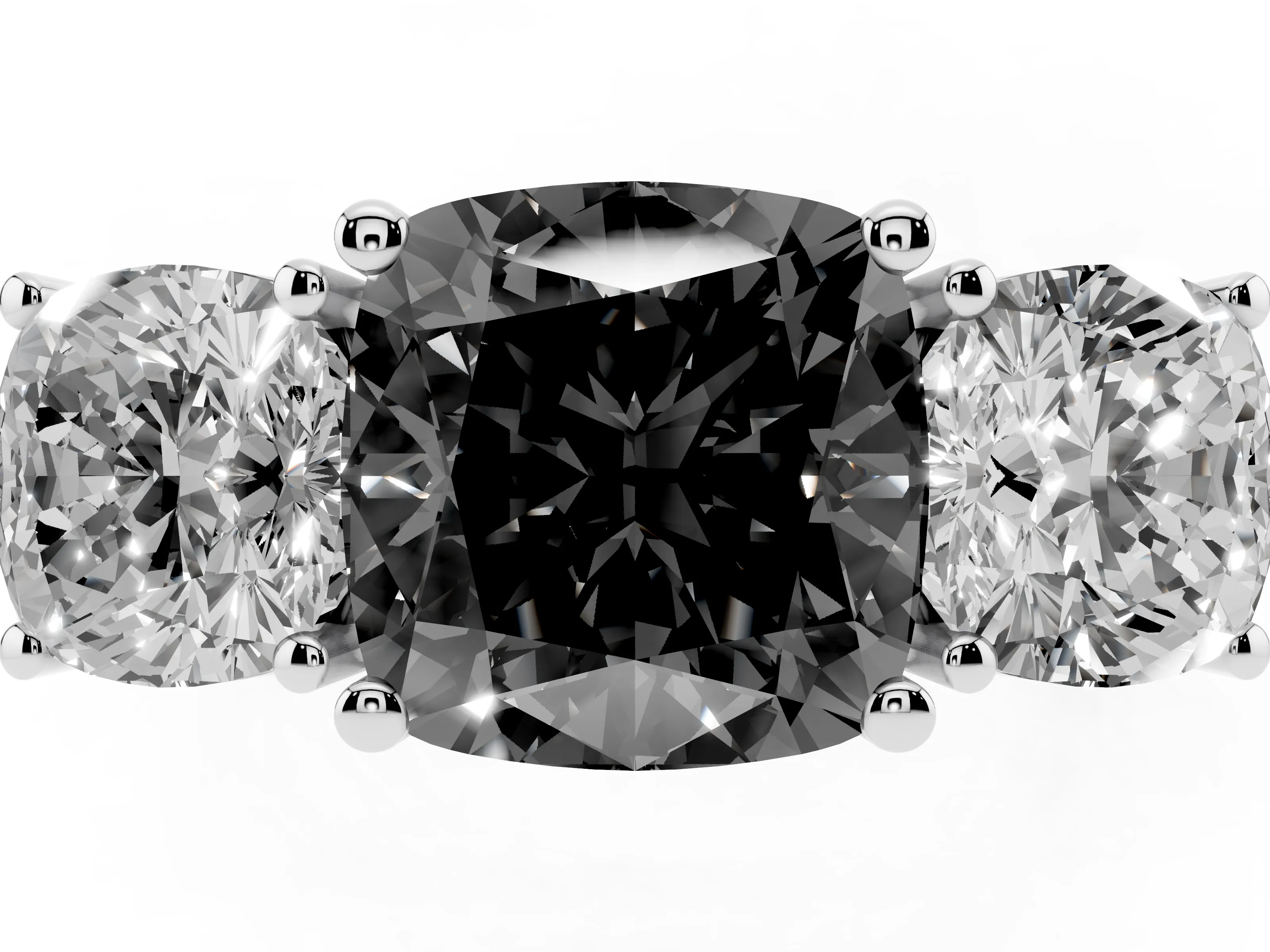 Fancy Black Cushion Cut Diamond Three-Stone Engagement Ring Set in White gold with Flat Band