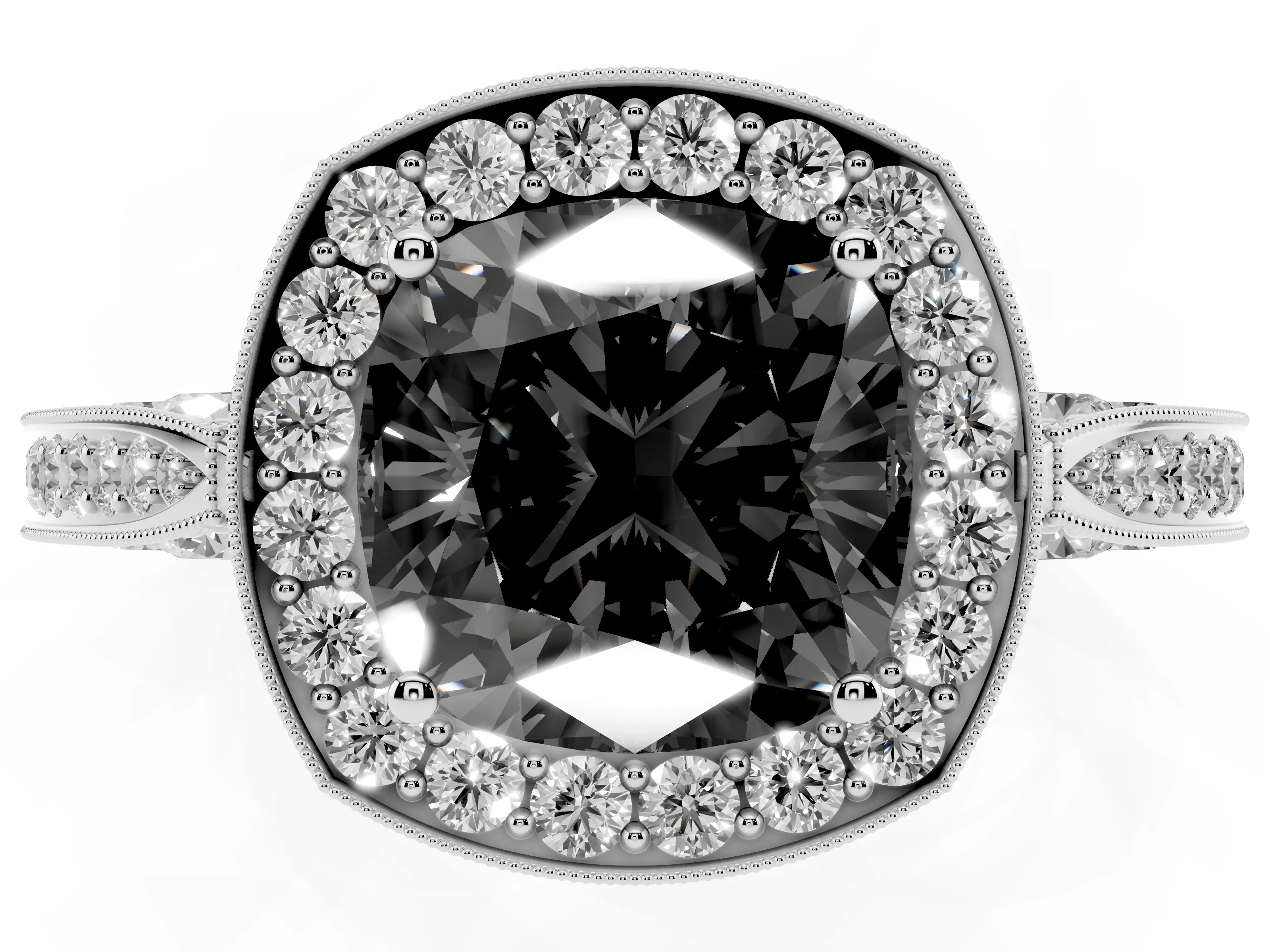 Fancy Black Cushion Cut Diamond Halo Engagement Ring Set in White gold with Accent Split Shank Band