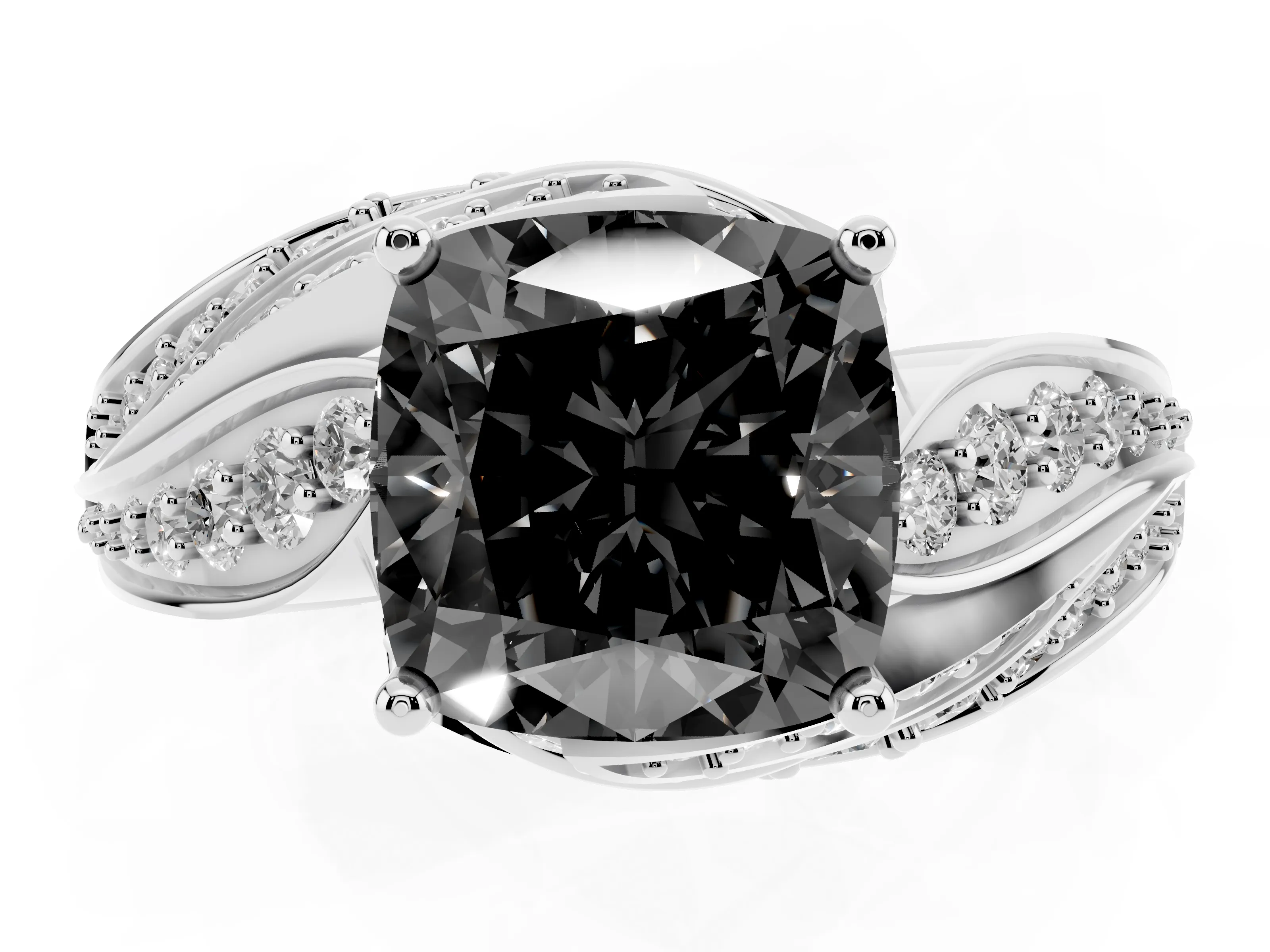 Fancy Black Cushion Cut Diamond Solitaire Ring Set in Platinum with Layered Twist Pavé Band