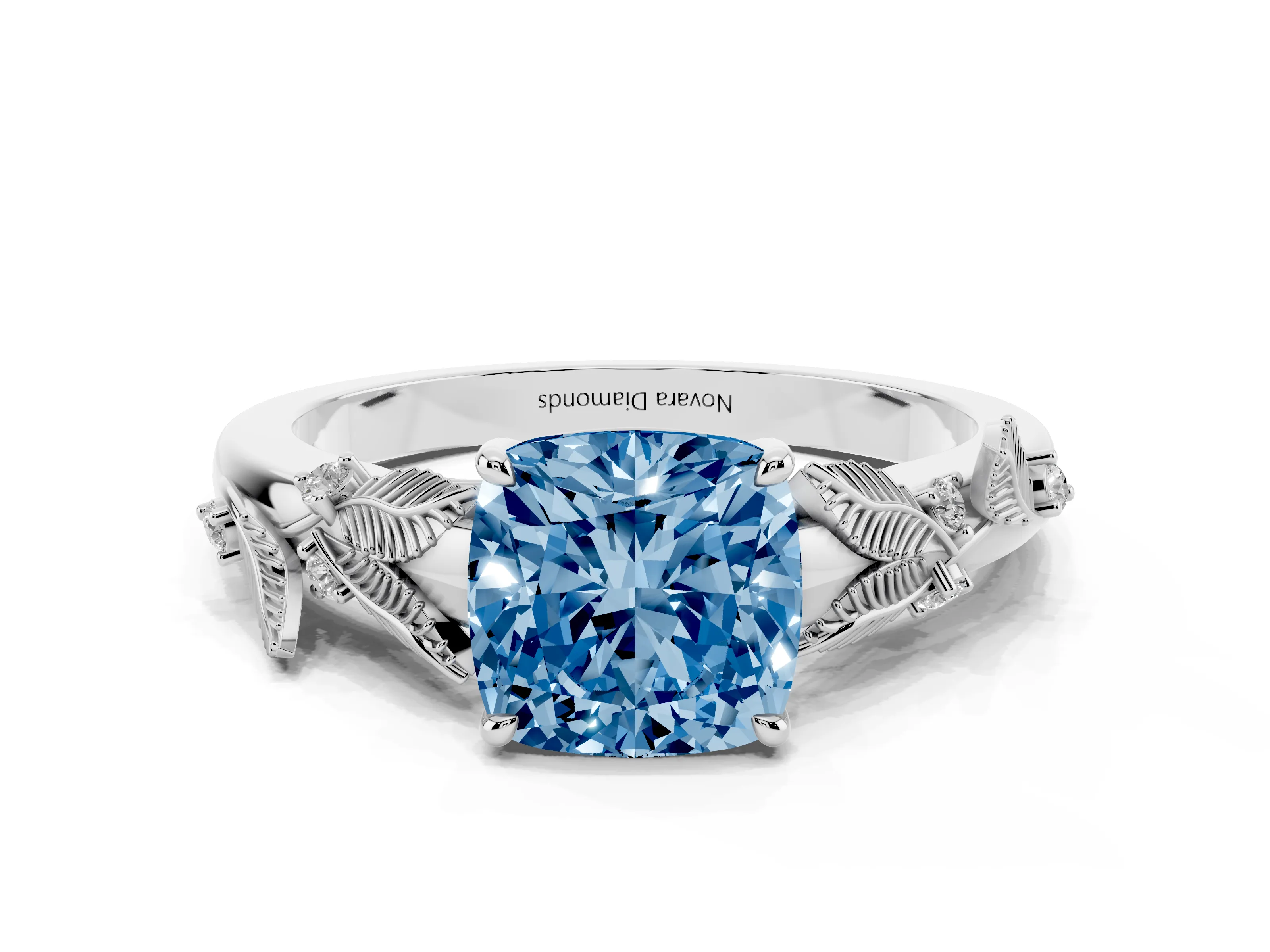 Fancy Blue Cushion Cut Diamond Solitaire Ring Set in Silver with Leaf Motif Band