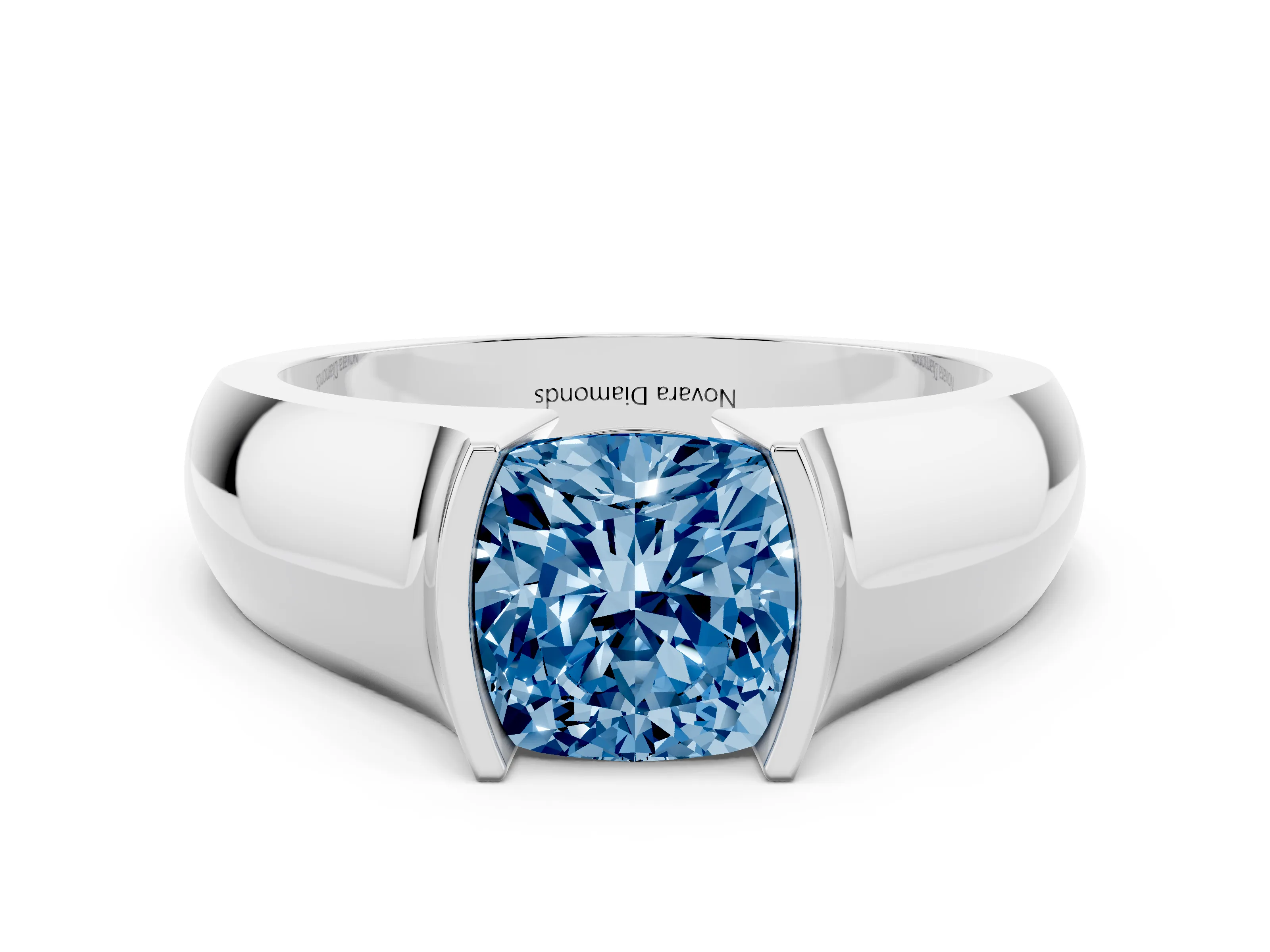 Fancy Blue Cushion Cut Diamond Bezel Solitaire Ring Set in White gold with Wide Band