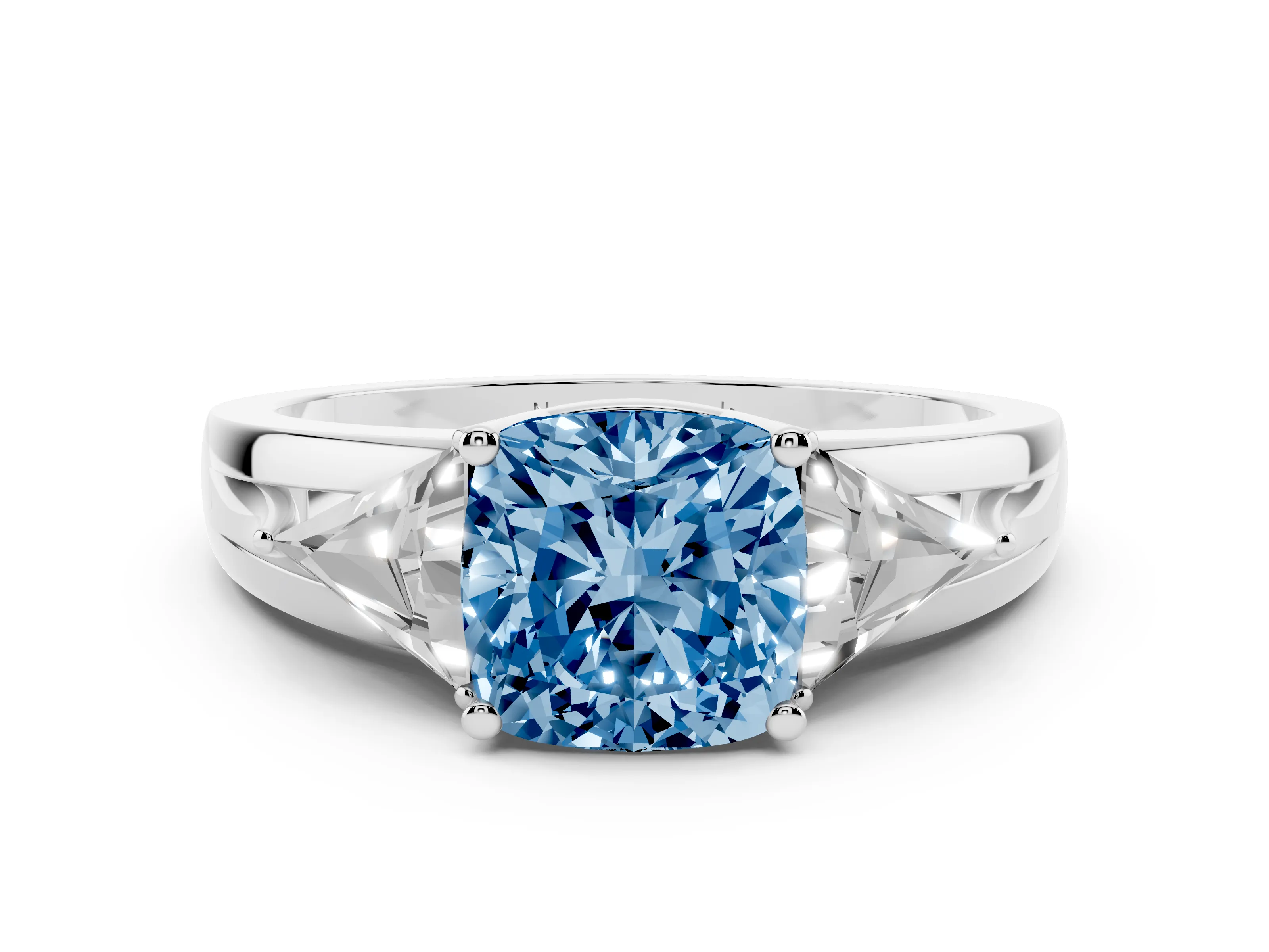 Fancy Blue Cushion Cut Diamond Three-Stone Ring Set in Platinum with Trillion Side Stones and Split Shank