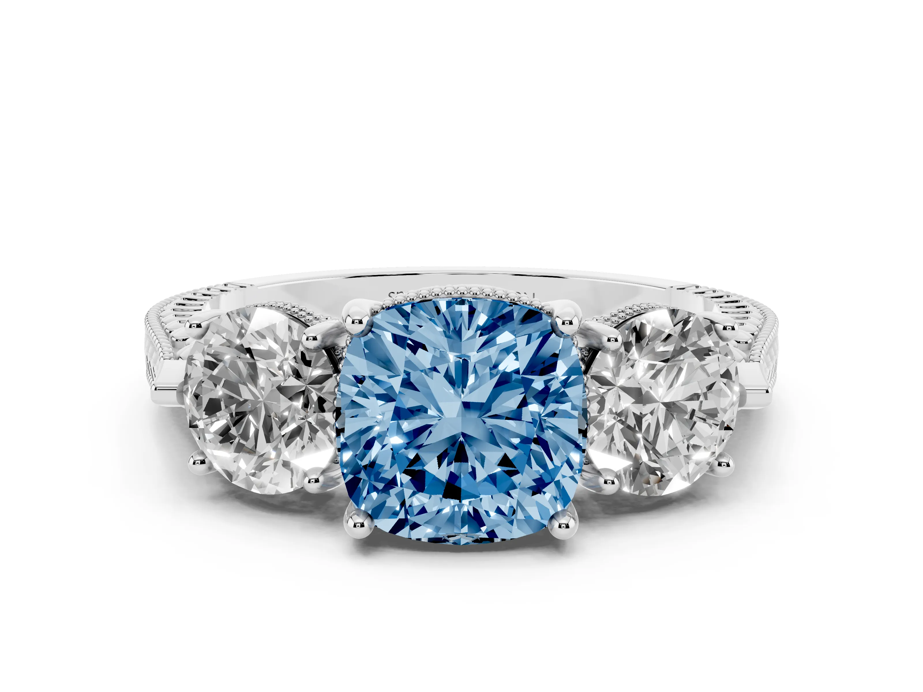 Fancy Blue Cushion Cut Diamond Three-Stone Ring Set in Silver with Milgrain Band