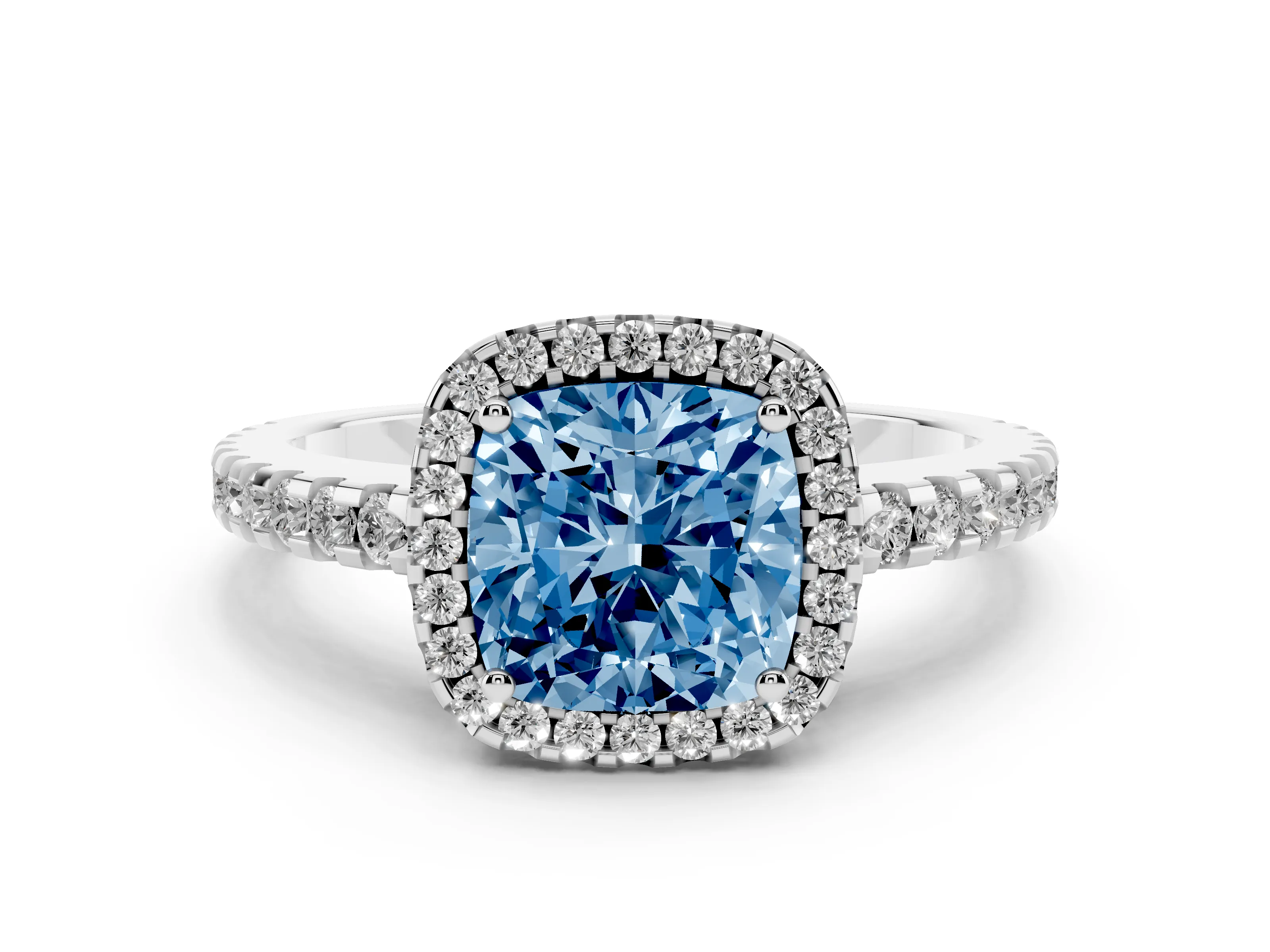 Fancy Blue Cushion Cut Diamond Halo Ring Set in Platinum with Pavé Shoulders and Halo-Framed Center