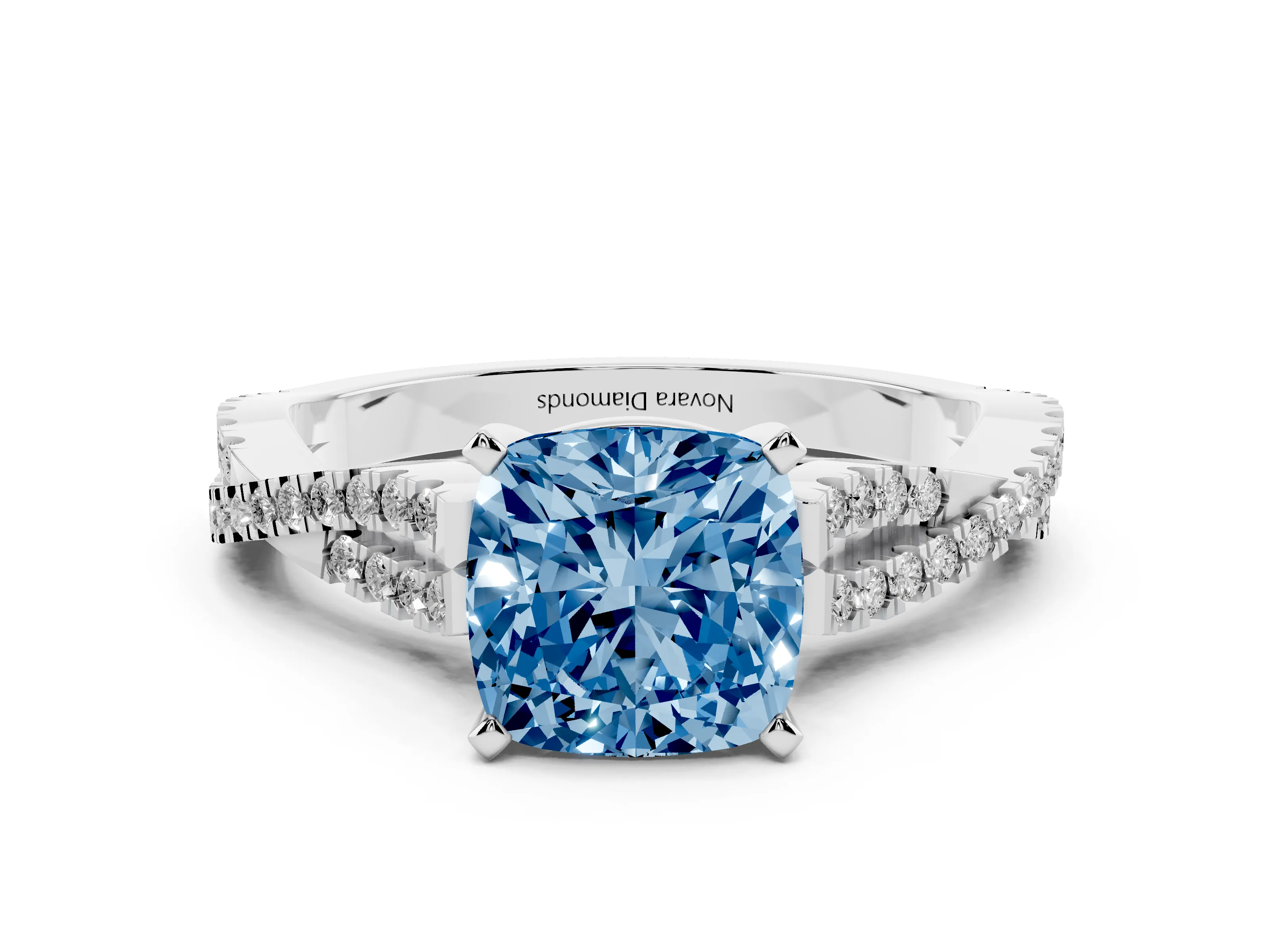 Fancy Blue Cushion Cut Diamond Solitaire Engagement Ring Set in Silver with Twisted Pavé Band and Prong Setting