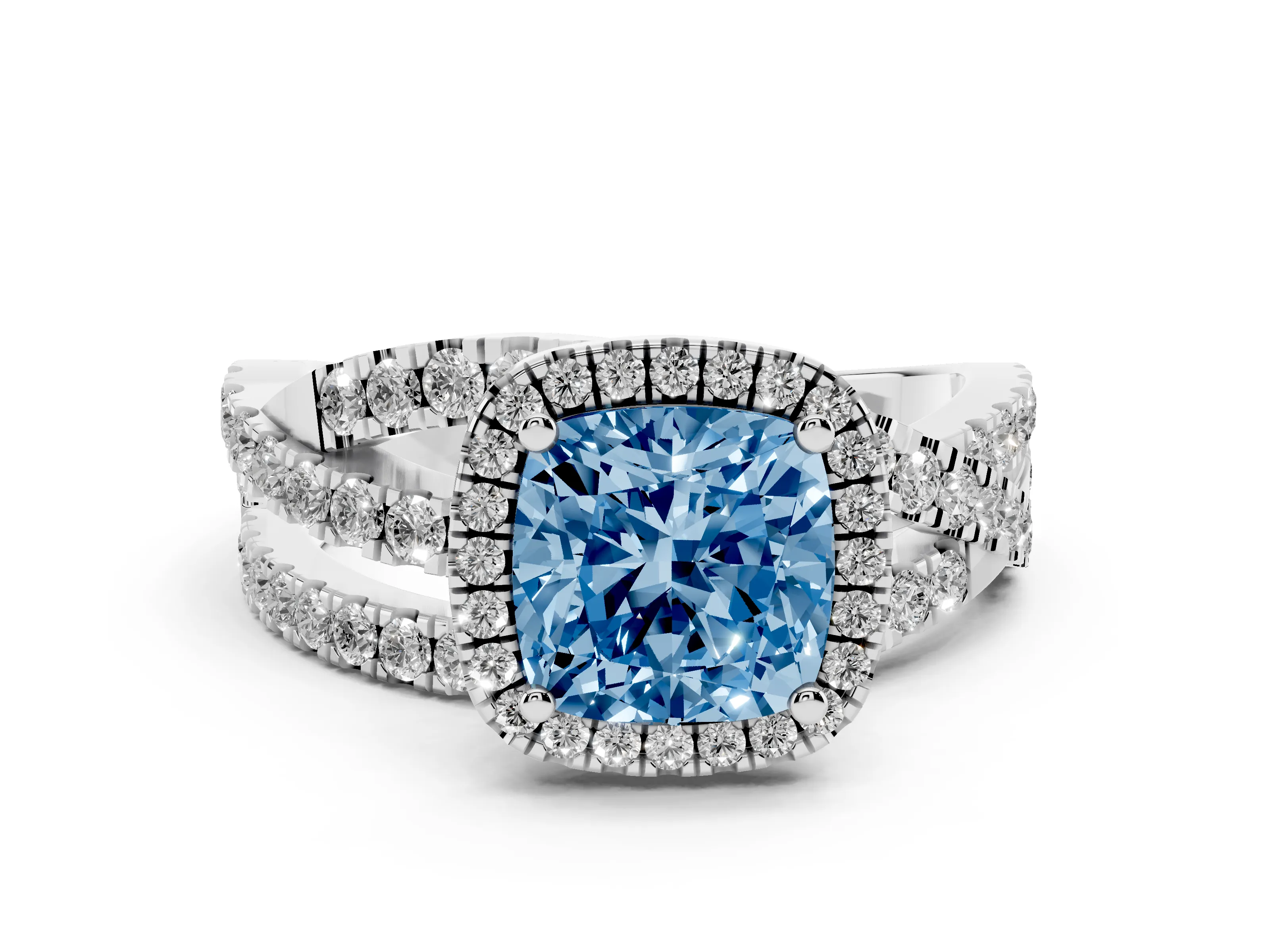 Fancy Blue Cushion Cut Diamond Halo Ring Set in White gold with Round Crossover Split Shank and Prong Setting