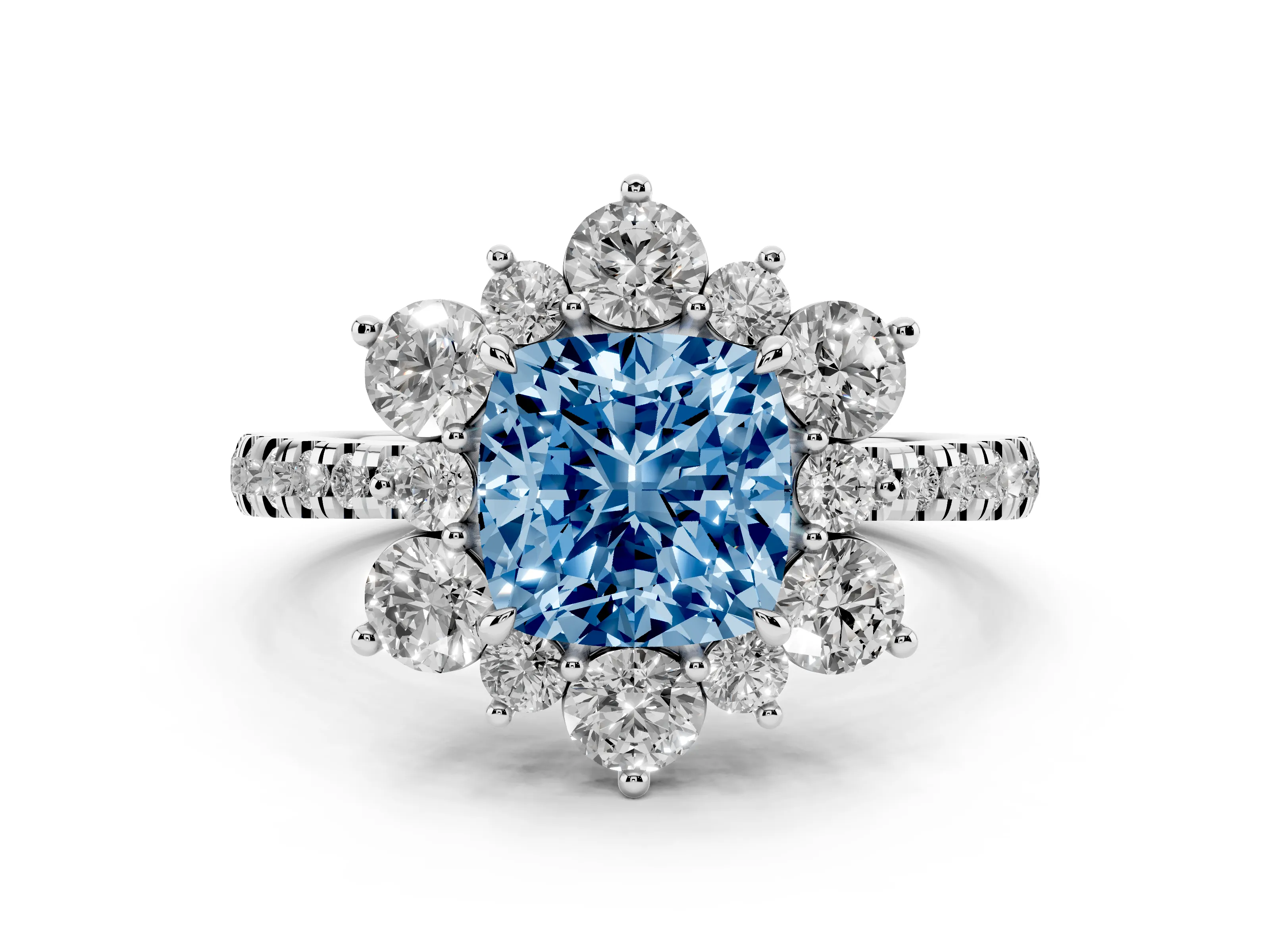 Fancy Blue Cushion Cut Diamond Floral Halo Ring Set in Platinum with Round Pavé Band and Prong Setting