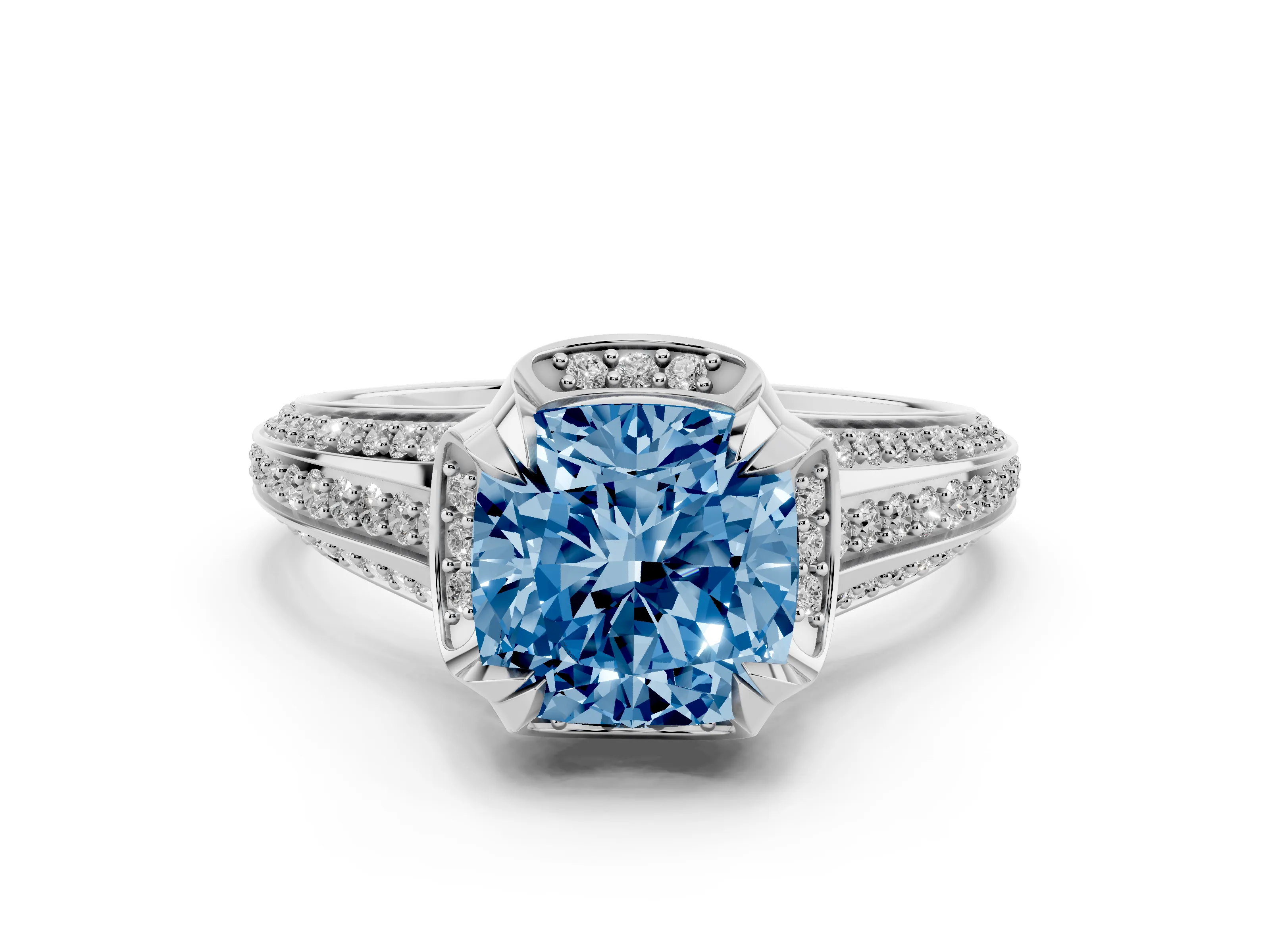 Fancy Blue Cushion Cut Diamond Pavé Split Shank Solitaire Ring Set in Platinum with Prong Setting