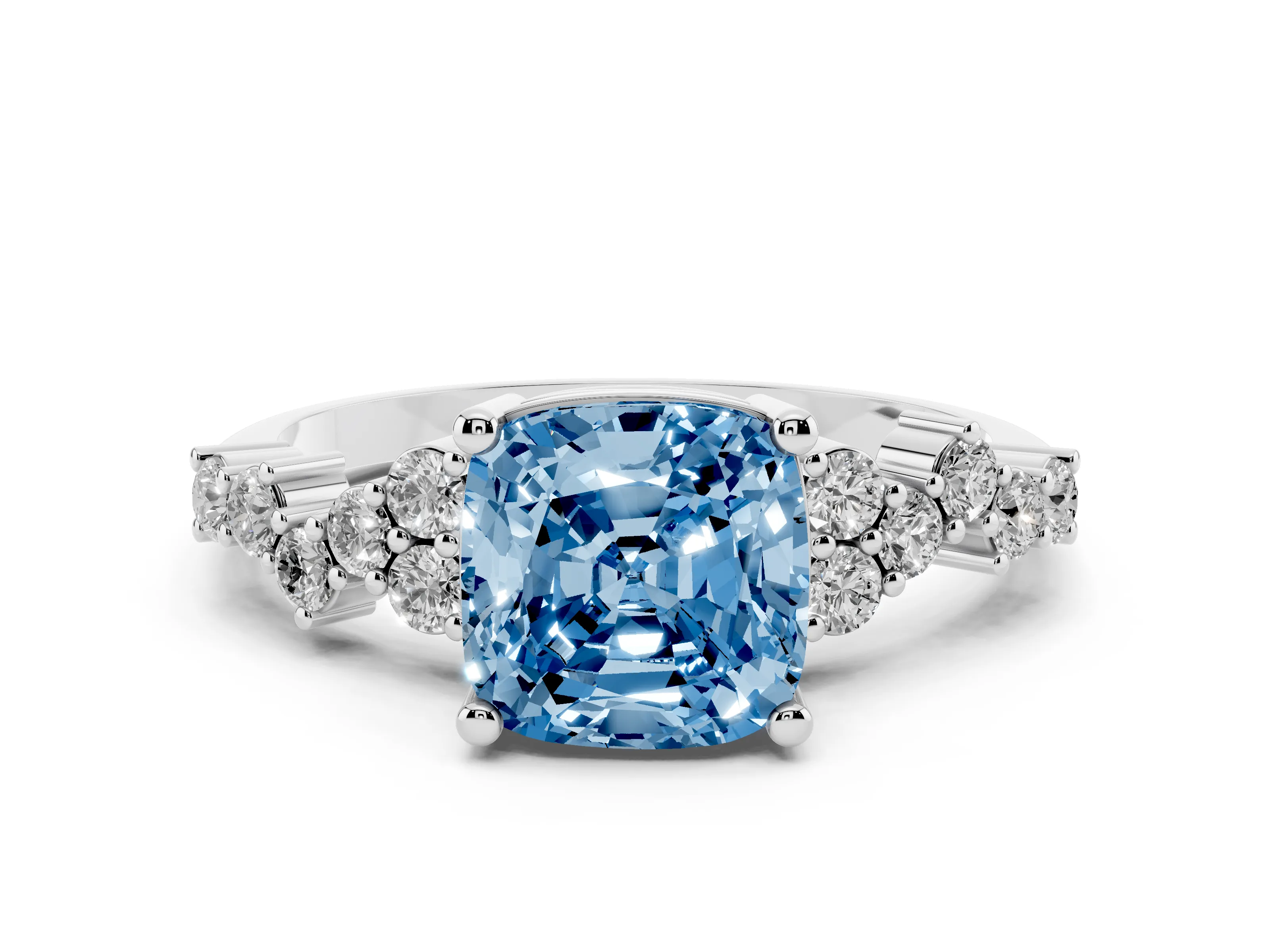Fancy Blue Cushion Cut Diamond Ring Set in White gold with Scattered Round Accents