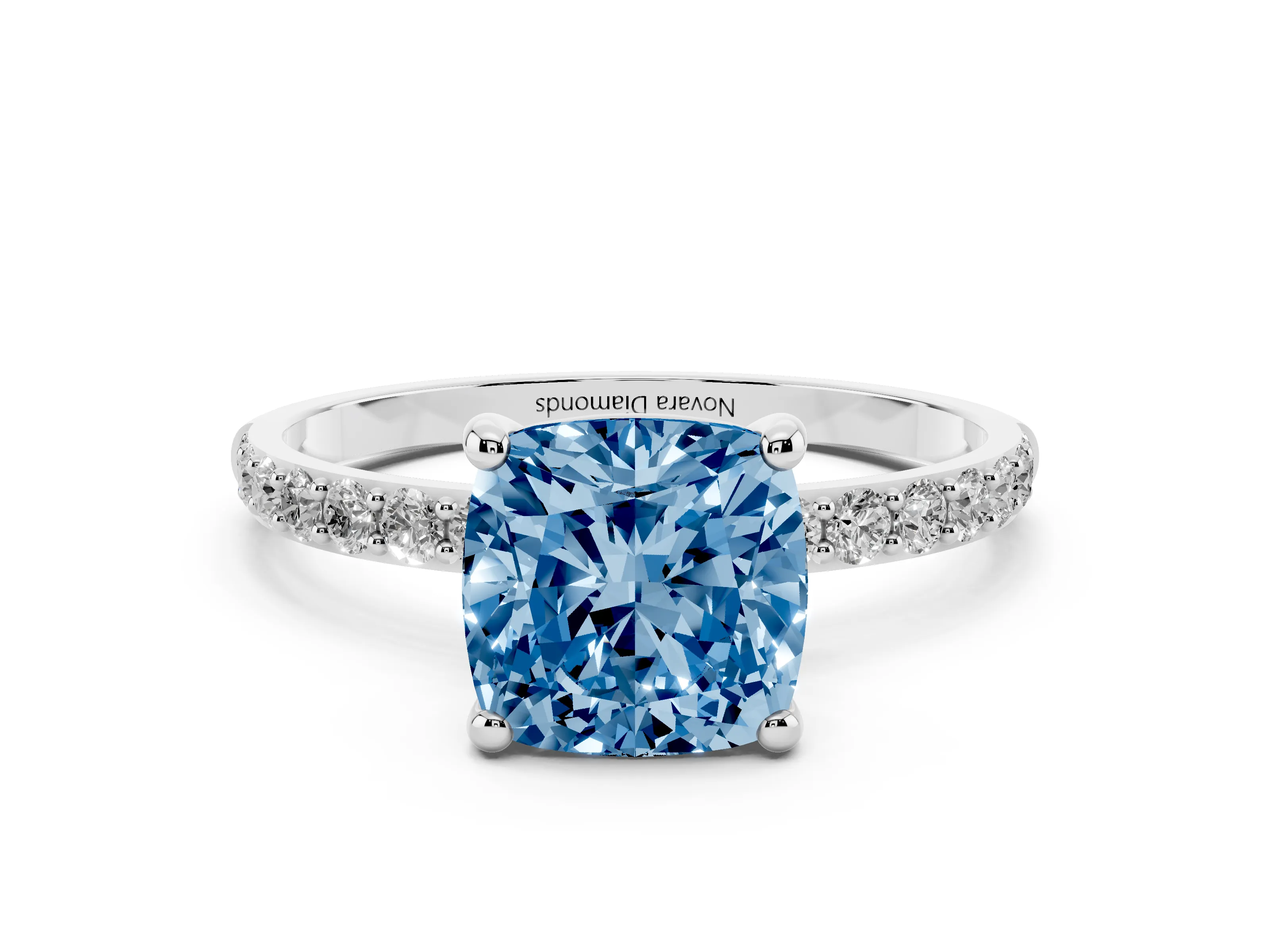 Fancy Blue Cushion Cut Diamond Solitaire Ring Set in Platinum with Round Pavé Band and Prong Setting