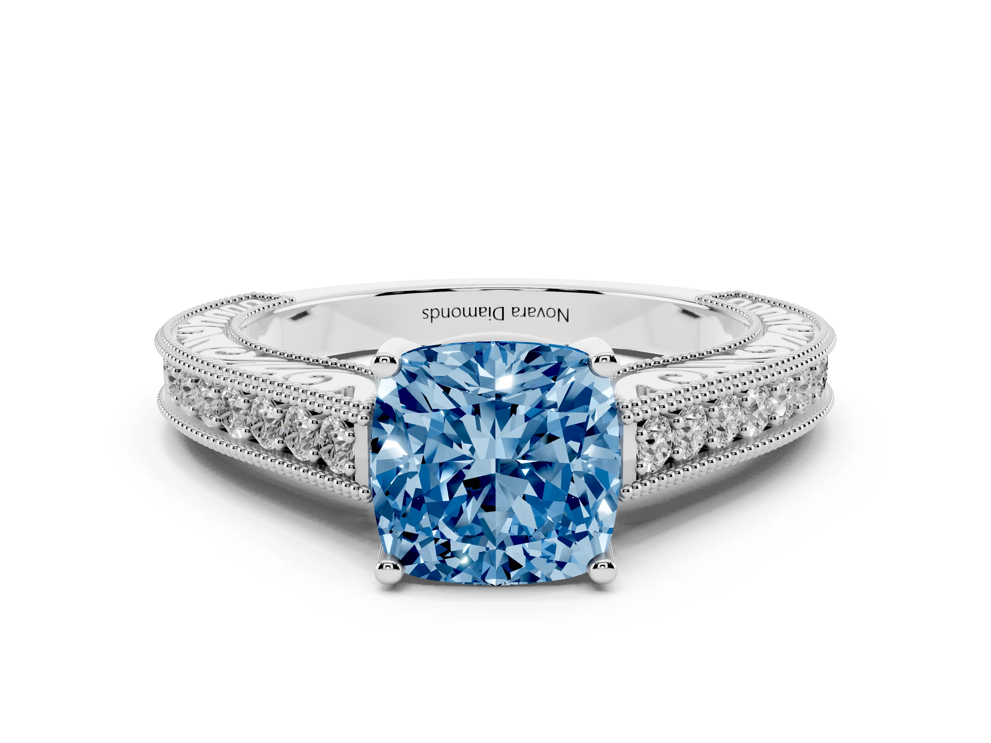 Fancy Blue Cushion Cut Diamond Milgrain Pavé Band Solitaire Ring Set in White gold with Prong Setting